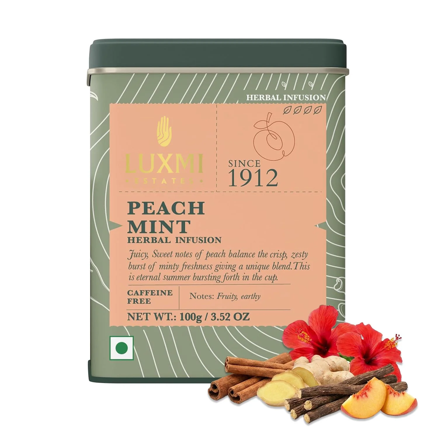 Original Luxmi Estates Peach Mint Tea with Cinnamon Ginger Hibiscus 50 cups 100g 3.5oz Caffeine- Advanced