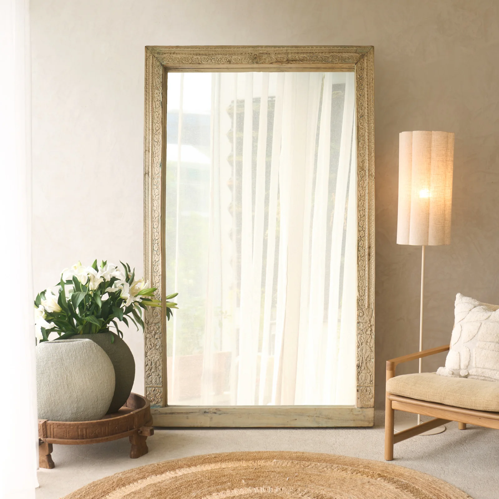Optimized Carved Teak Mirror XL – Blue Patina A Smooth