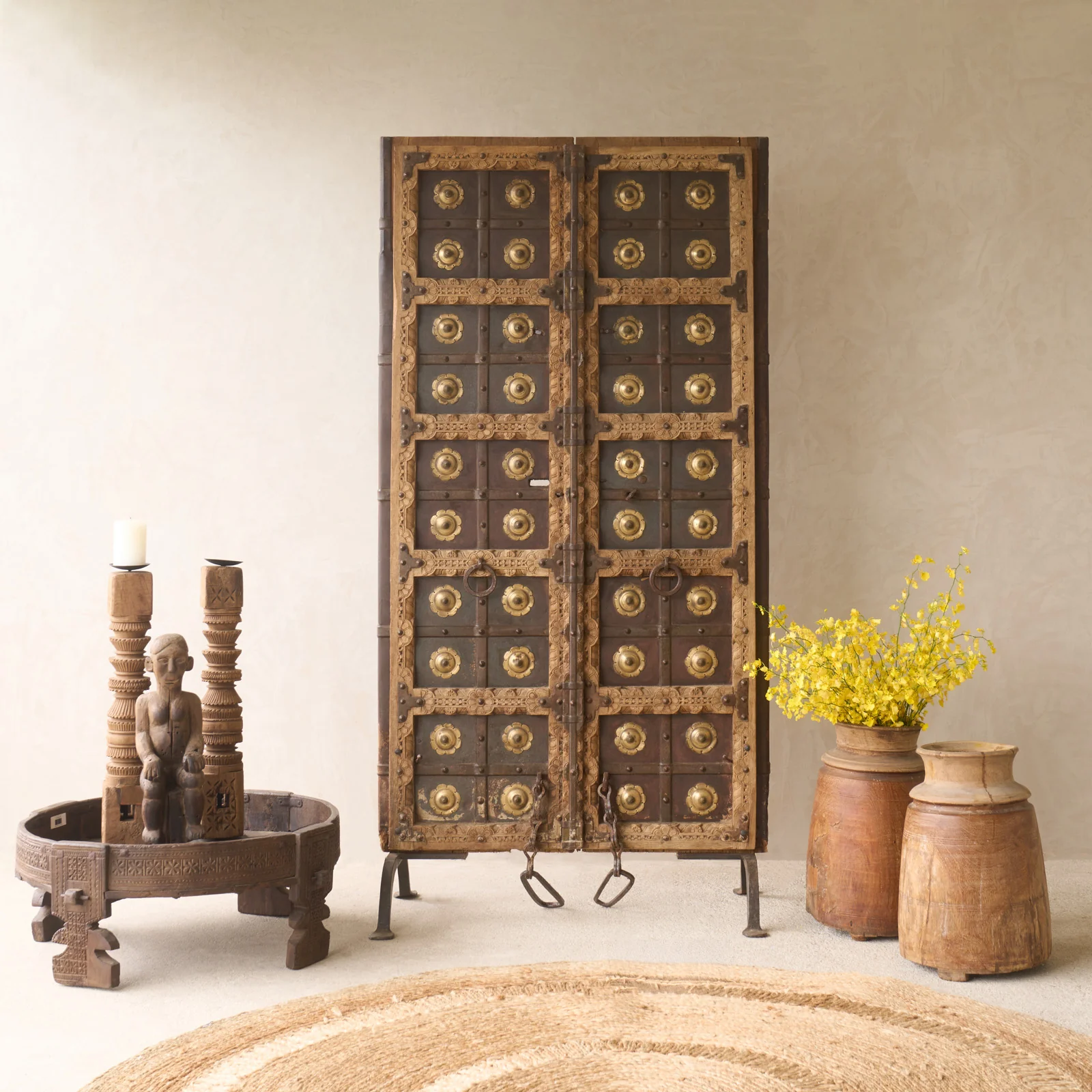 High-Performance Vintage Teak Carved Door with Brass Motifs Trendy