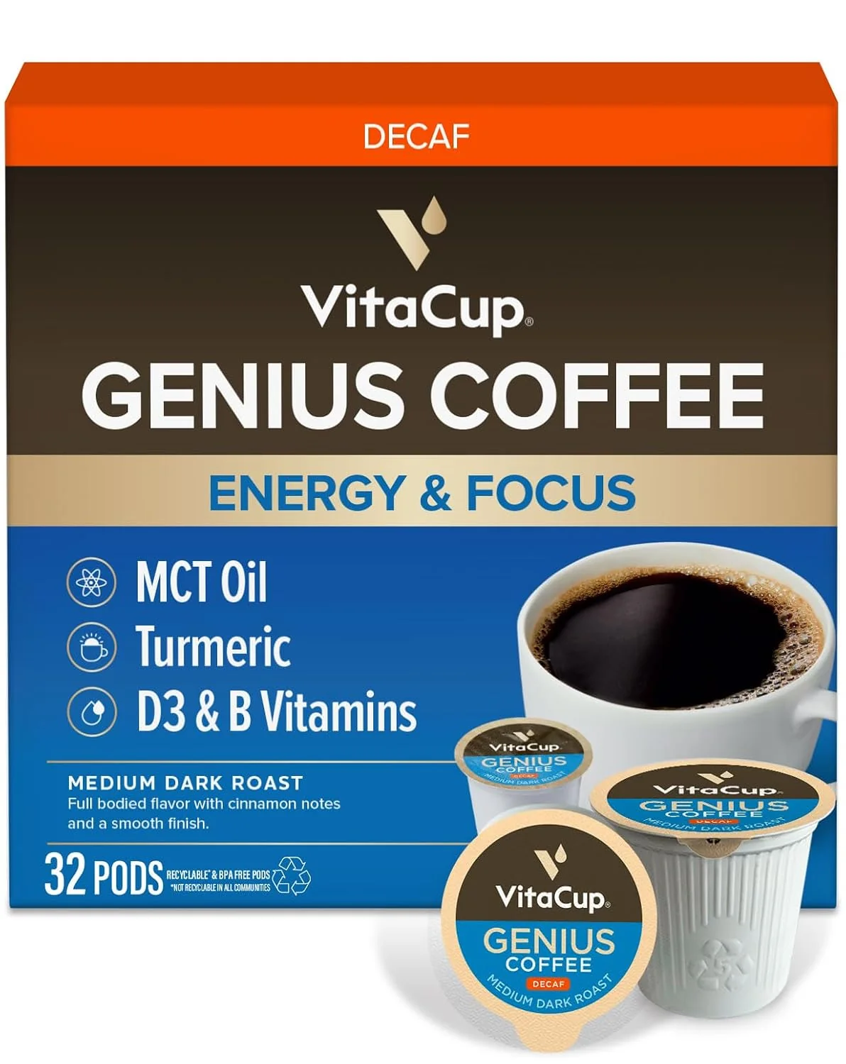 Versatile VitaCup Decaf Genius Keto Coffee Pods 32ct B Vitamins MCT Oil Turmeric Innovative