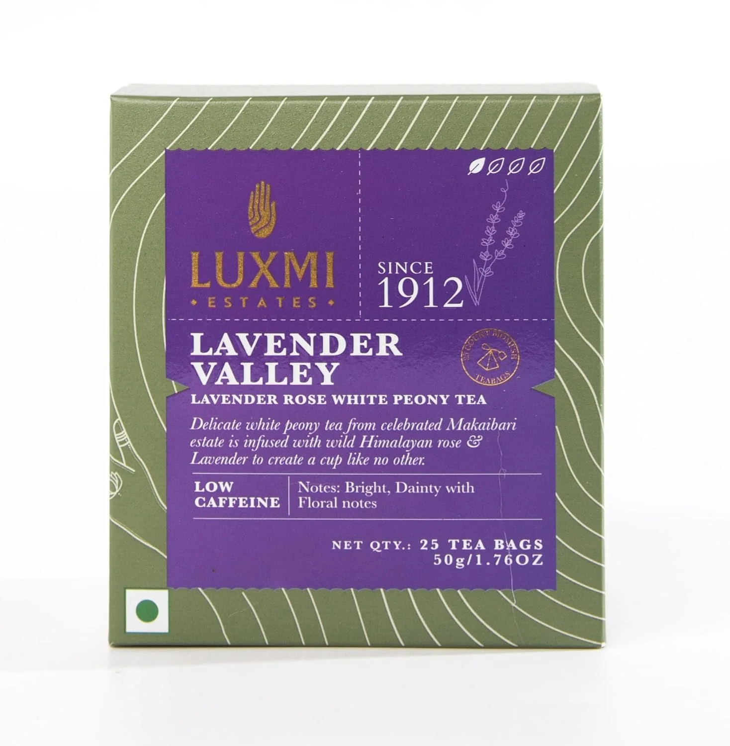 Official Luxmi Estates Lavender Valley Organic Lavender Tea 25 Tea Bags Low Caffeine Tea Bags For Sleep Relaxing Calming and Stress Relief Eco-Friendly