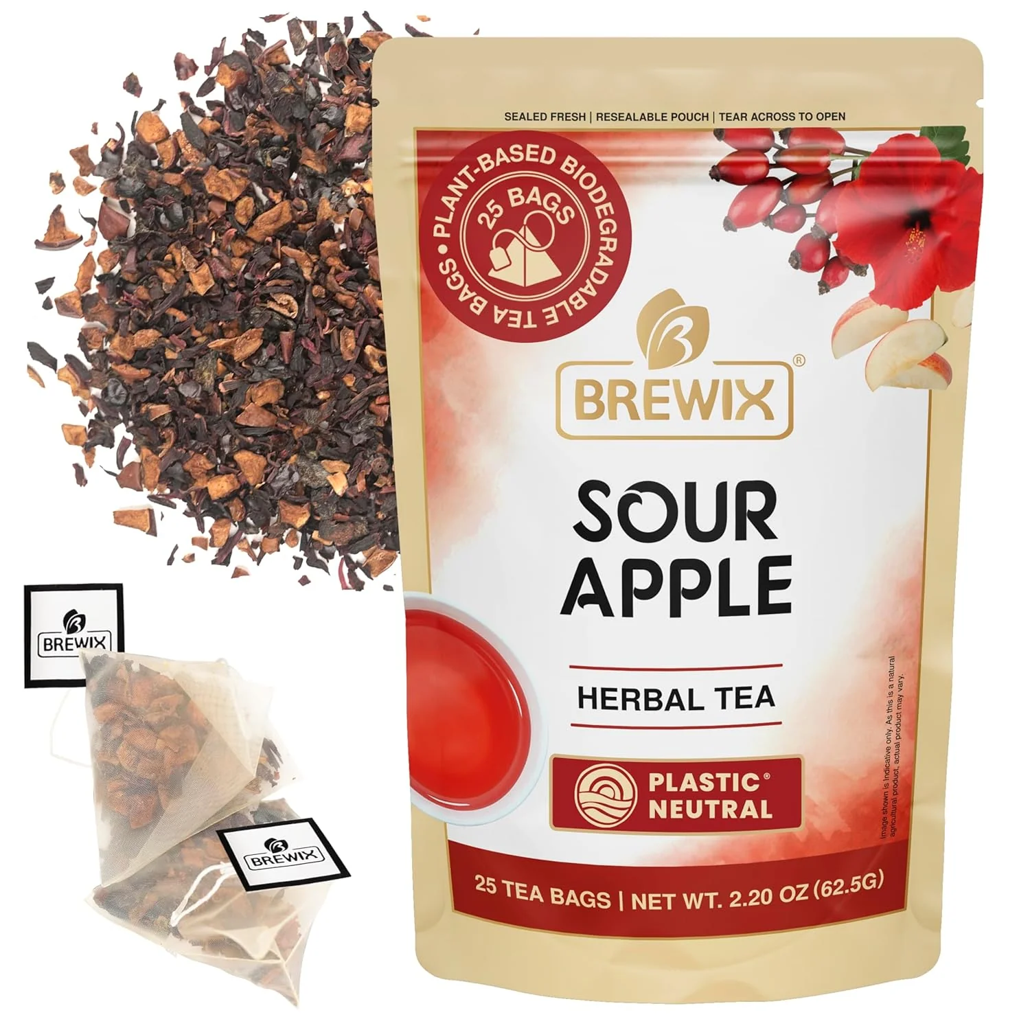 Authentic Brewix Sour Apple Hibiscus Tea Bags 25 Pyramid Tea Bags Caffeine- Herbal Tea Apple Hibiscus Rosehip Refreshing Wellness Brew for Any Mood Casual