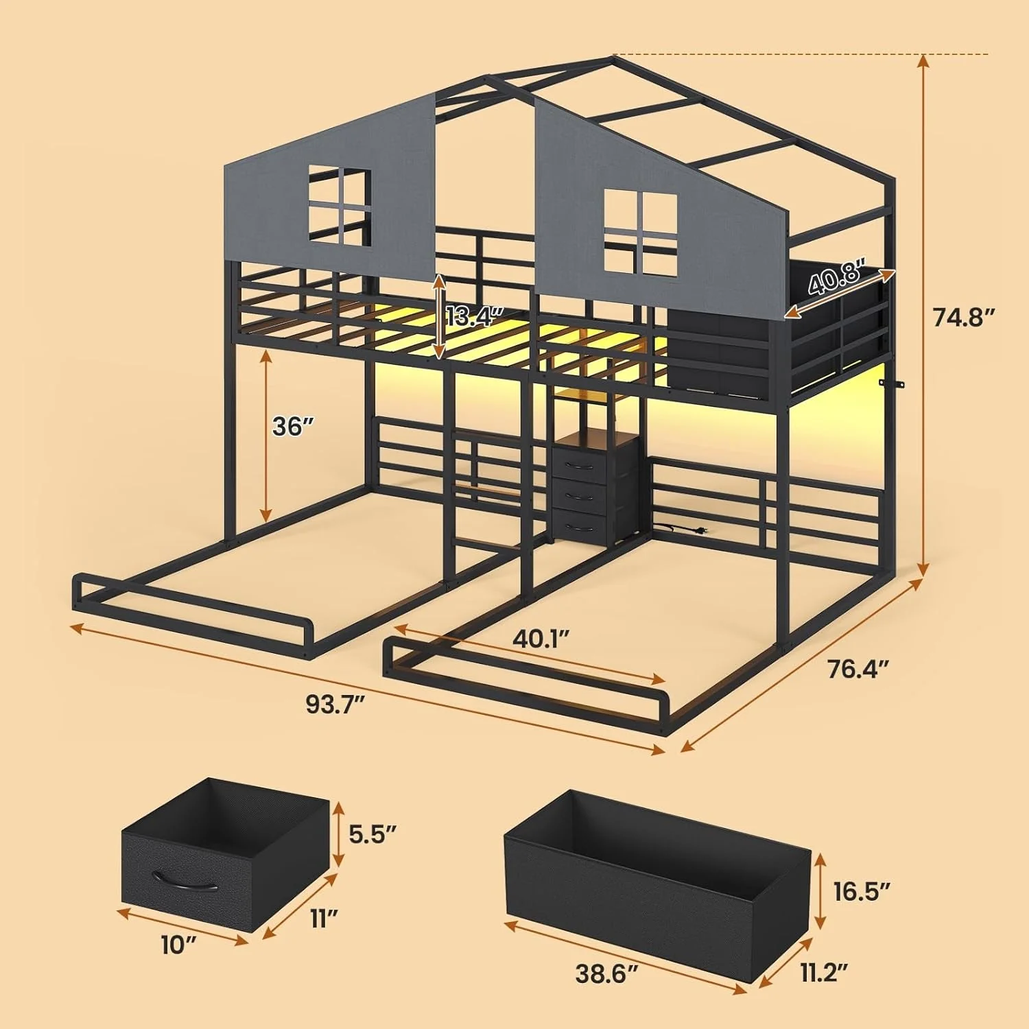Superior Black Commercia lGrade Triple Bunk Bed House Shaped LED Green