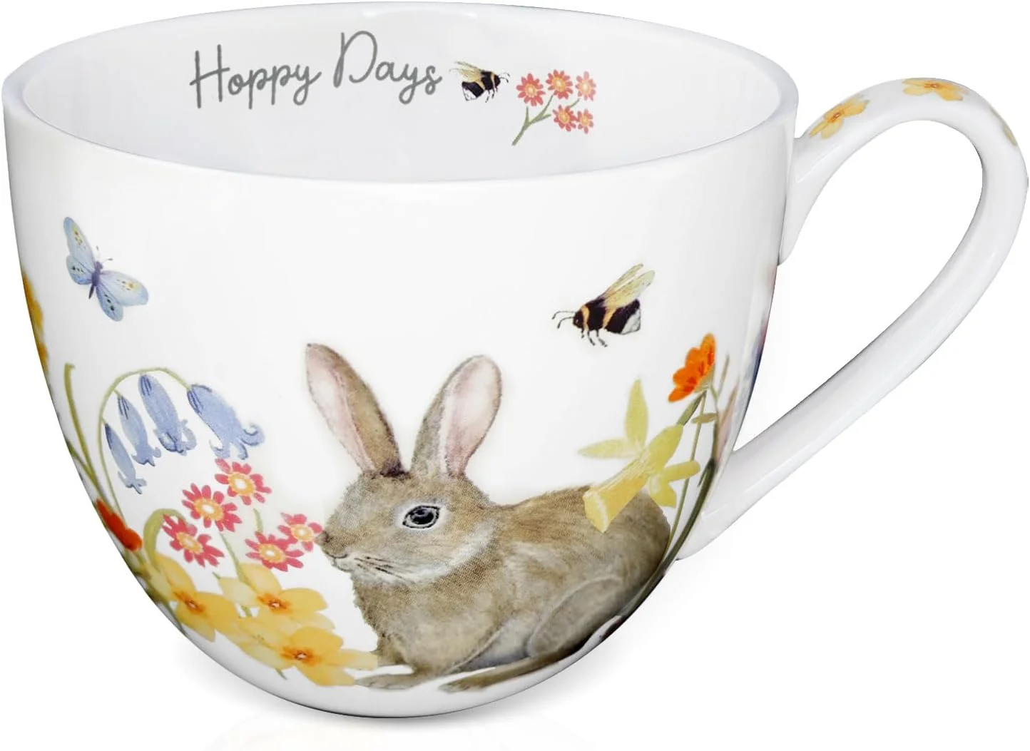 Professional 20 oz Rabbit Coffee Hug Mug Spring Flowers Happy Days Slogan Premium Bone China Cute Bunny Mug Holiday and Birthday Gift for Women High-Grade