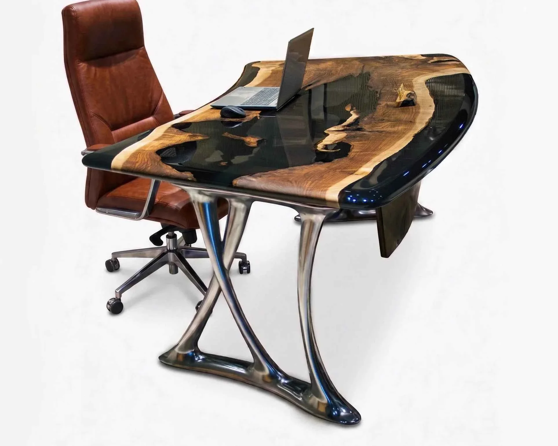 High-End Luxury D-Shaped Walnut Epoxy Executive Desk Relaxed