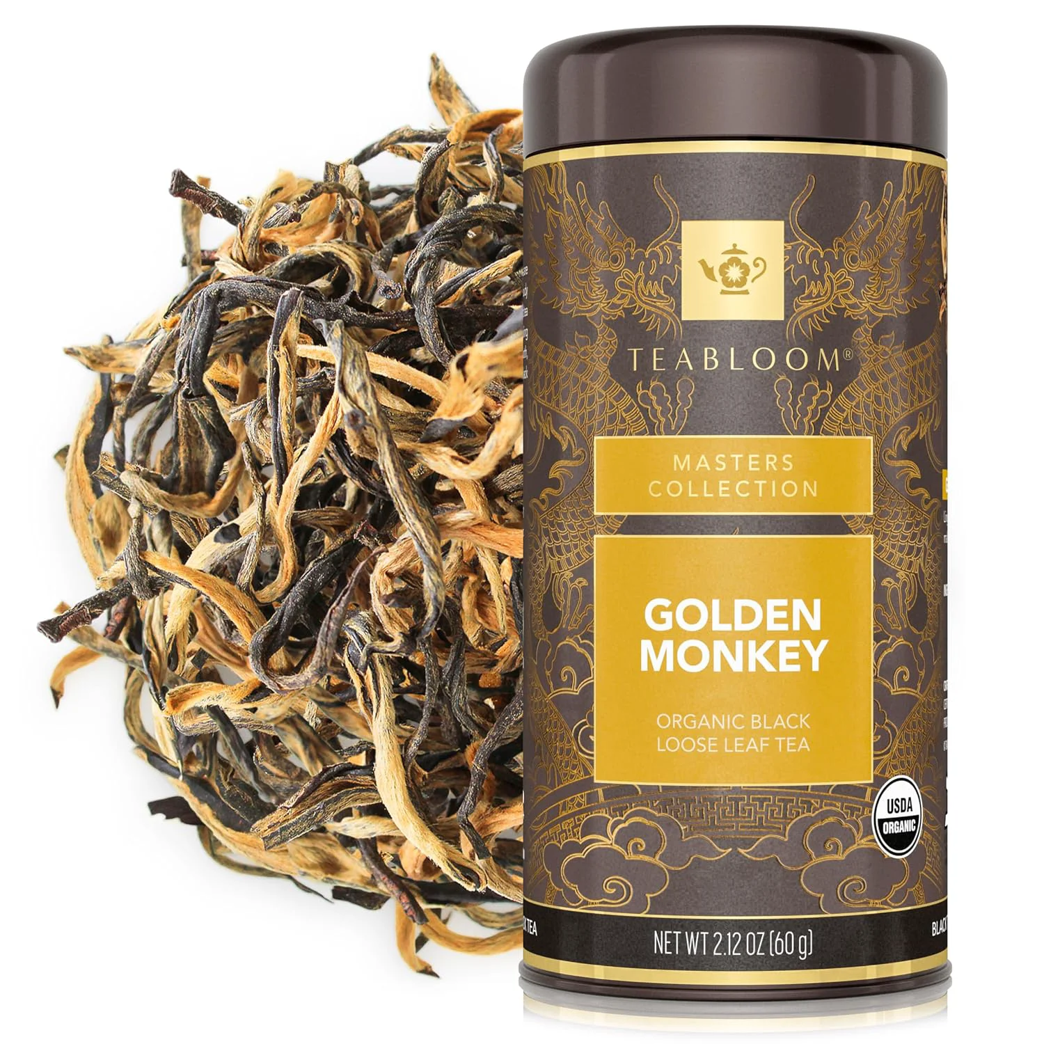 Fine Teabloom Organic Golden Monkey Loose Leaf Tea USDA Organic Black Tea Lingering Aroma with Smooth and Malty Flavor 2.12 Ounce Loose Leaf Tea Canister Makes 35-50 Cups Clean