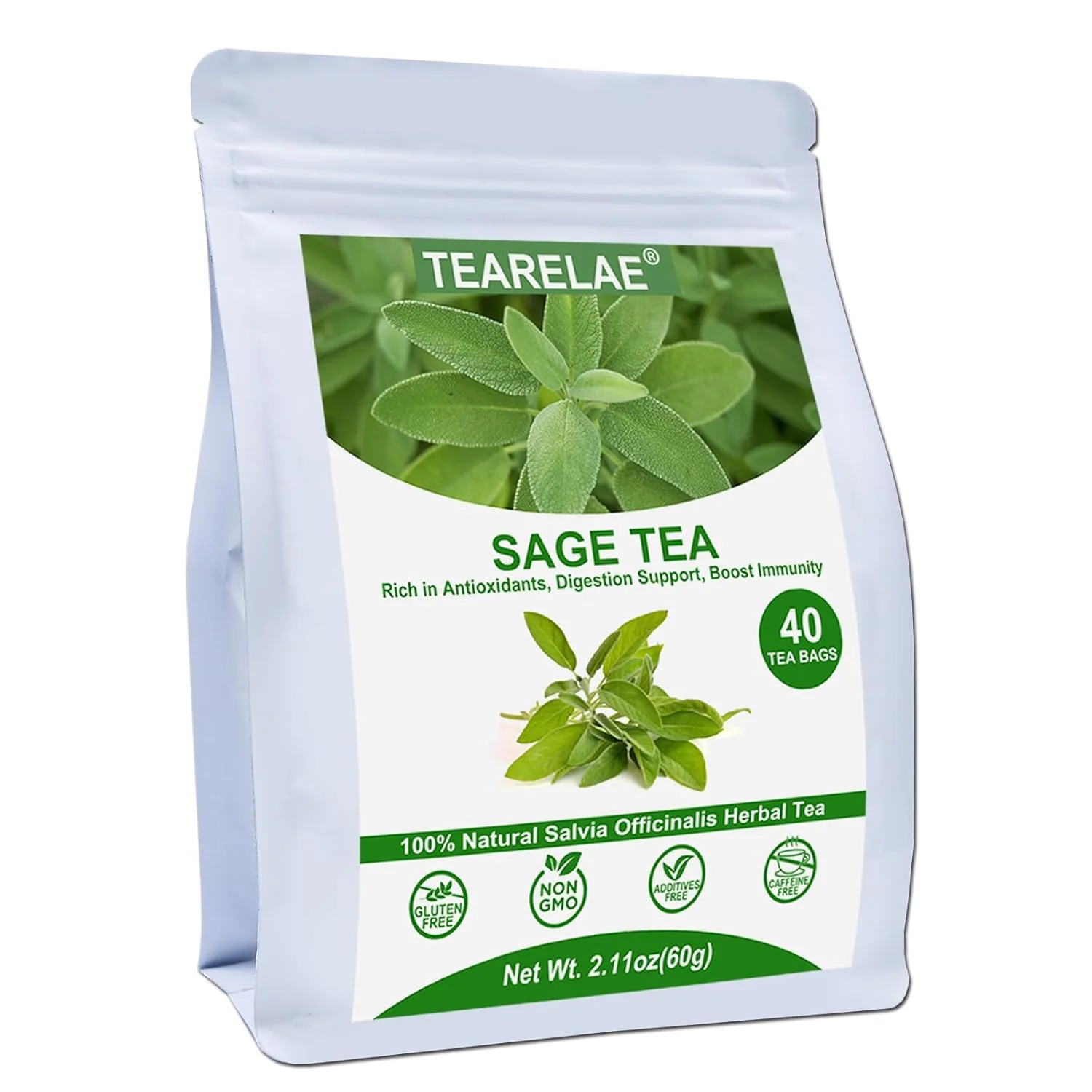 Trendy Tearelae – Premium Sage Leaf Tea Bags – 1.5g x 40 Count – Natural Cut Sifted Sage Herb Salvia Officinalis – Non-GMO – Caffeine- Artisan