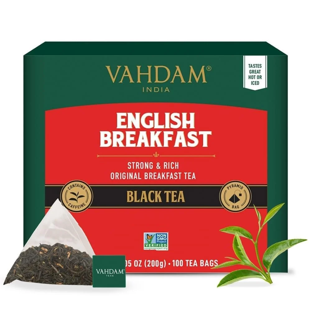 Crafted Vahdam English Breakfast Black Tea Bags 100 Count High Caffeine Strong Robust Flavoury Pyramid Tea Bags Full Bodied Black Tea Leaves Fast