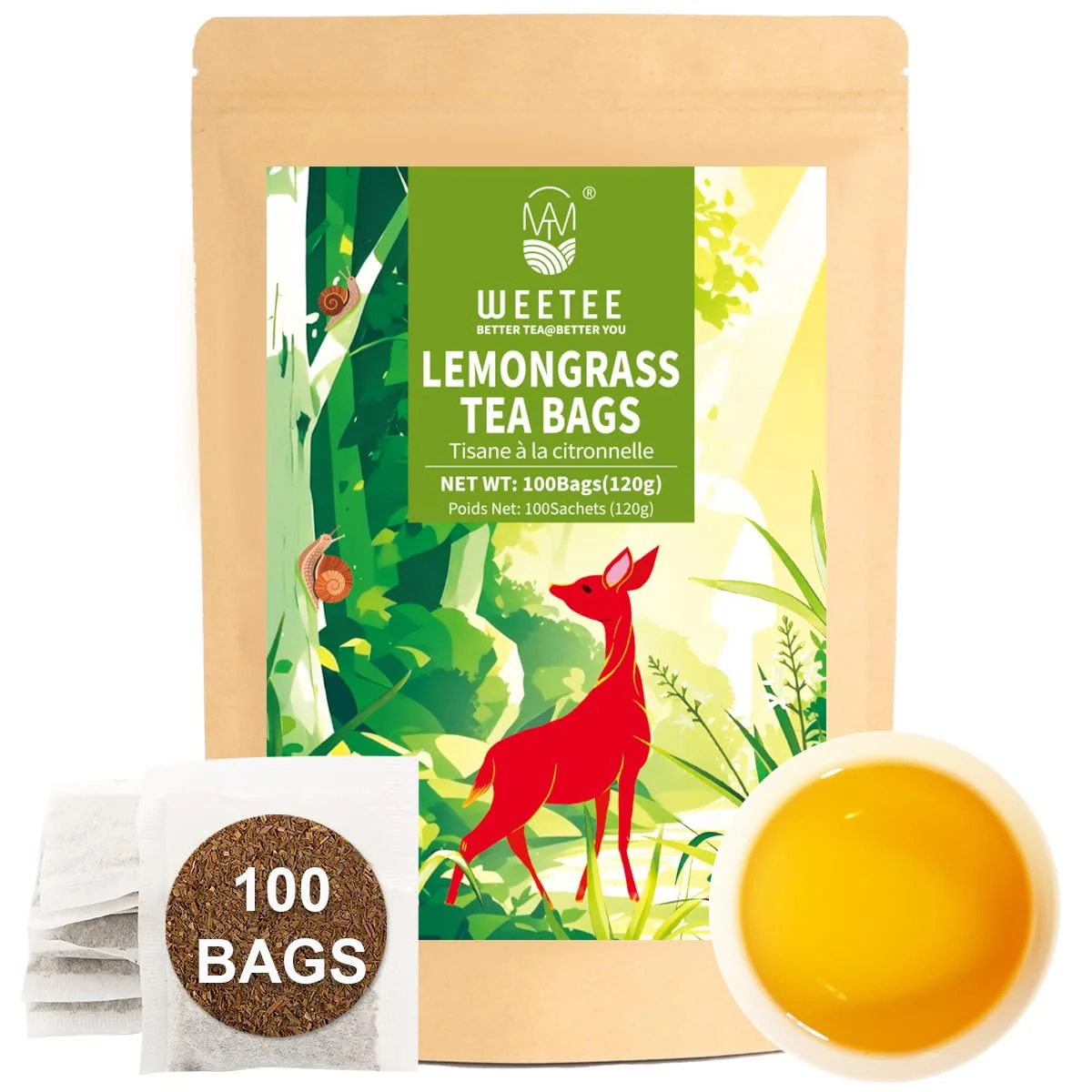 WT Weetee Lemongrass Tea Bags 100 Count Pure Lemon Grass Leaves Tea Bags Natural Caffeine Herbal Tea High-Performance