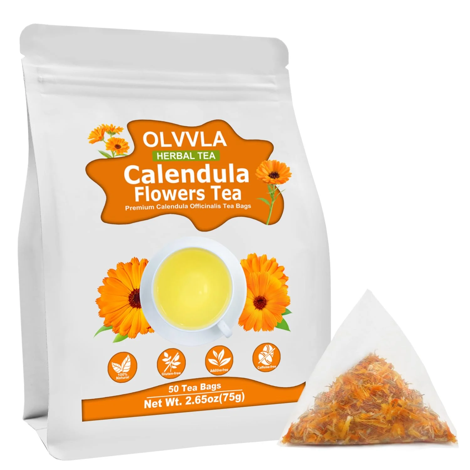 Advanced Olvvla – Natural Calendula Flowers Tea Bags – 1.5g X 50 Count – Premium Calendula Tea – Non-GMO – Caffeine- – Dried Calendula Herbal Tea Specialty