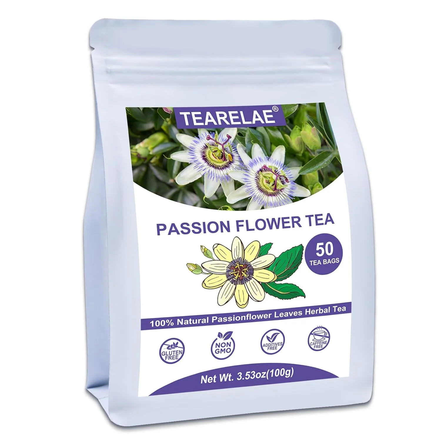 Refined Tearelae – Passion Flower Tea 50 Count – Pure Passionflowers Leaves Tea Bags – Pasiflora Tea for Relaxation Sleep- Non-GMO – Caffeine- Flexible