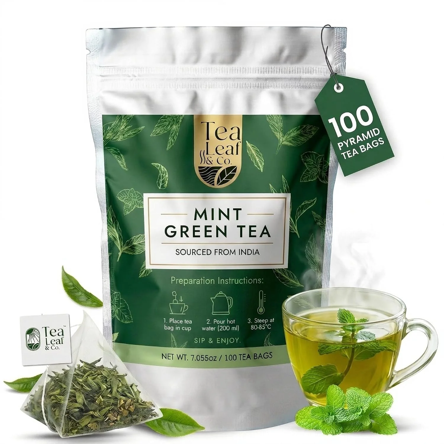 Certified Mint Green Tea 200 gm 7 oz Natural Herbal Infusion 100 Tea Bags Clean