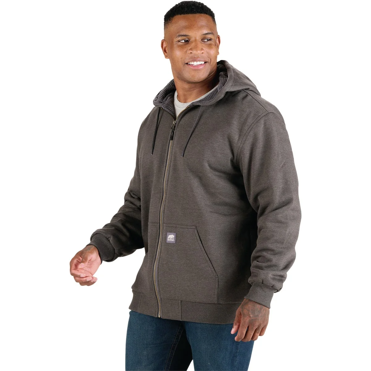 Responsible Berne Heritage Grid Large Graphite Heather Fleece-Lined Full-Zip Hooded Sweatshirt Refined