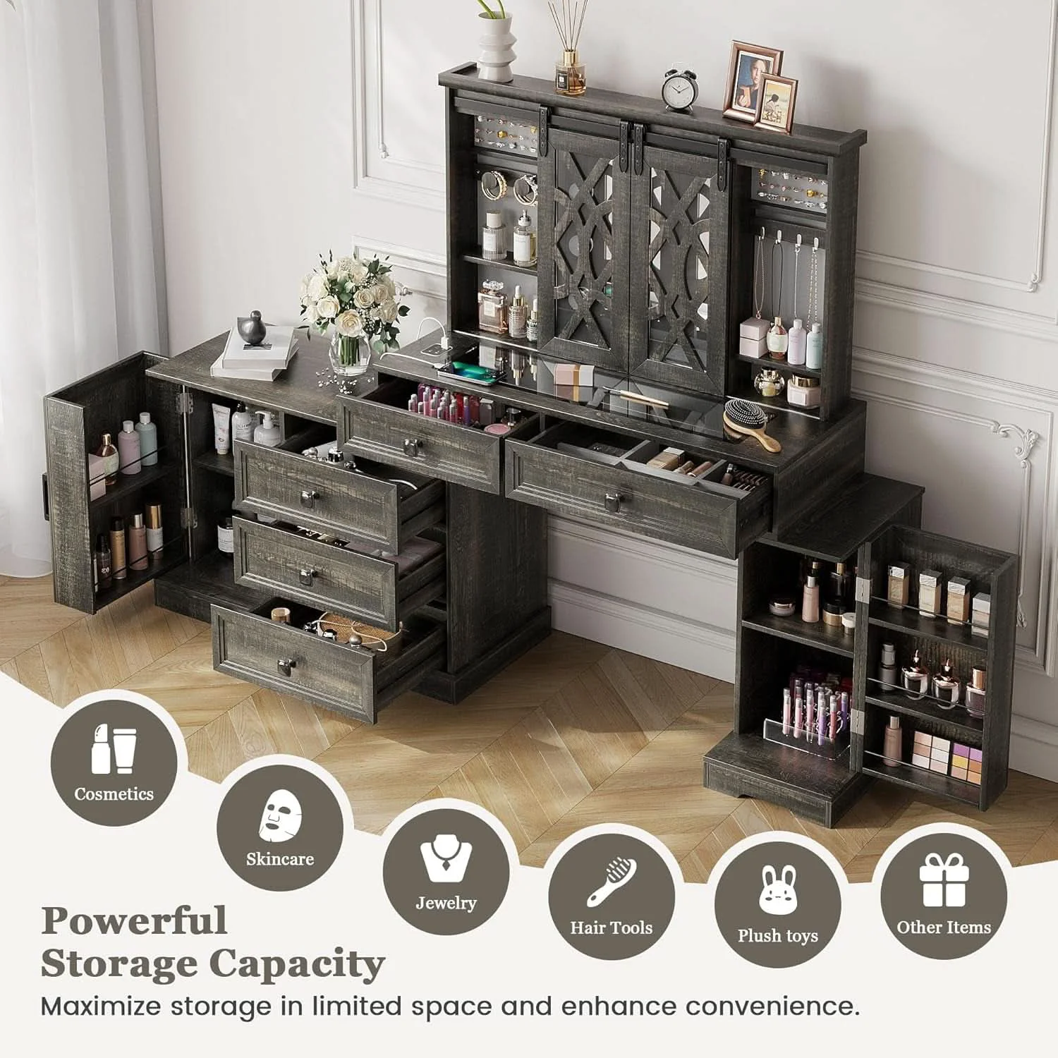 Next-Generation Brown Makeup Vanity With Illuminated Mirror Armoire Professional