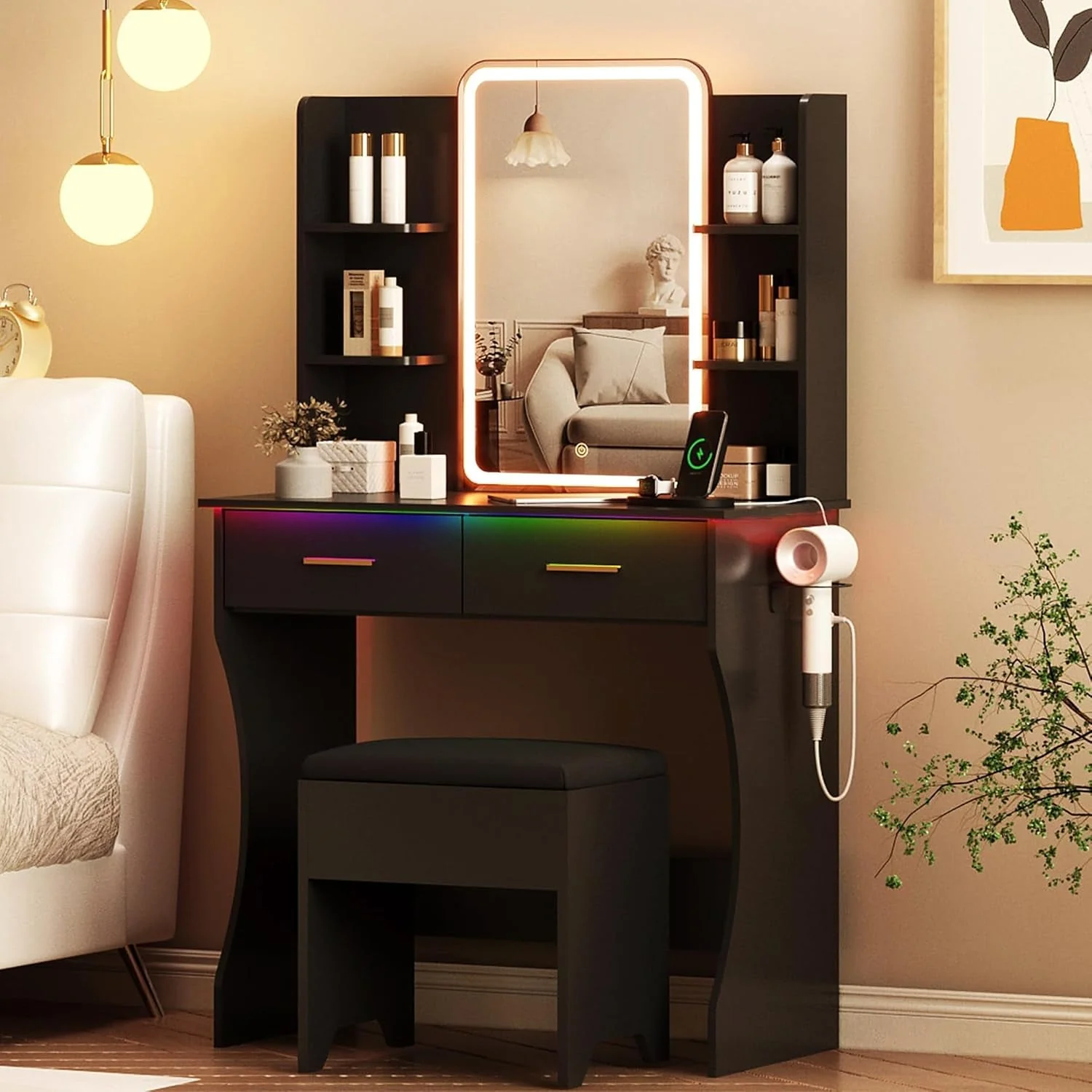Solid Contemporary Charcoal Vanity Desk With LED Lighting Safe