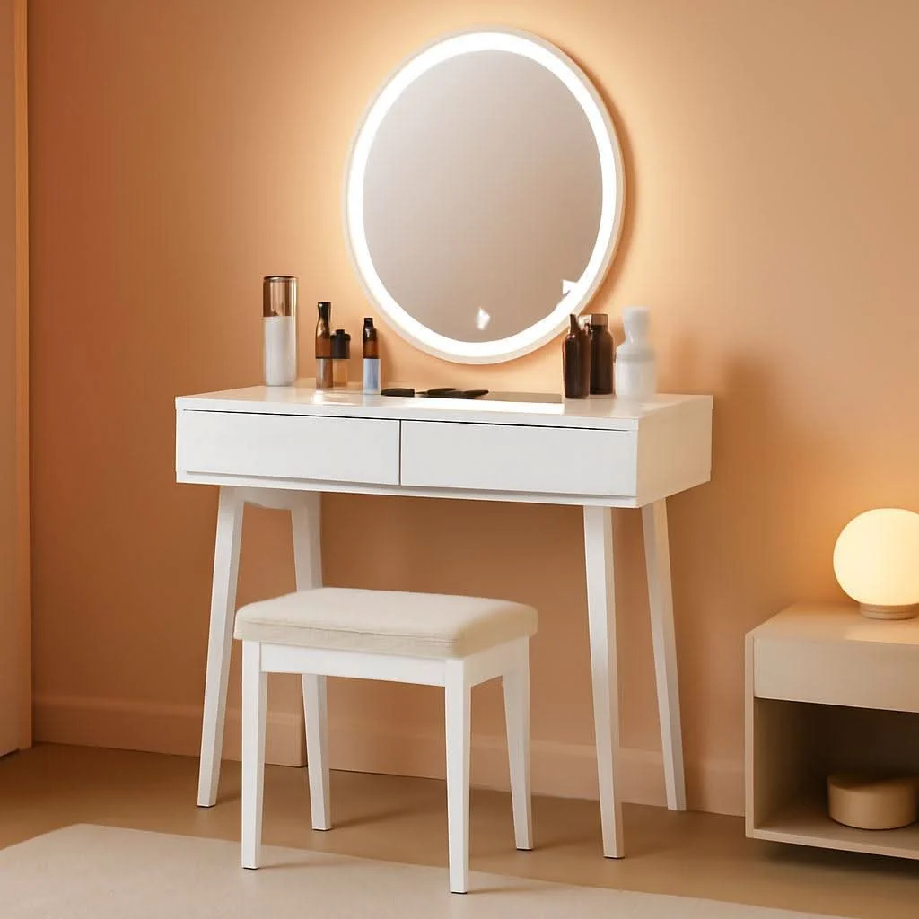 Environmentally Friendly White Vanity Set With Illuminated Mirror Organization Solid