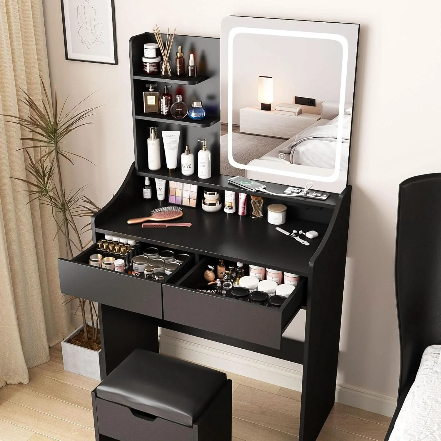 Natural Charcoal Vanity Desk With LED Illuminated Mirror Storage Original Design
