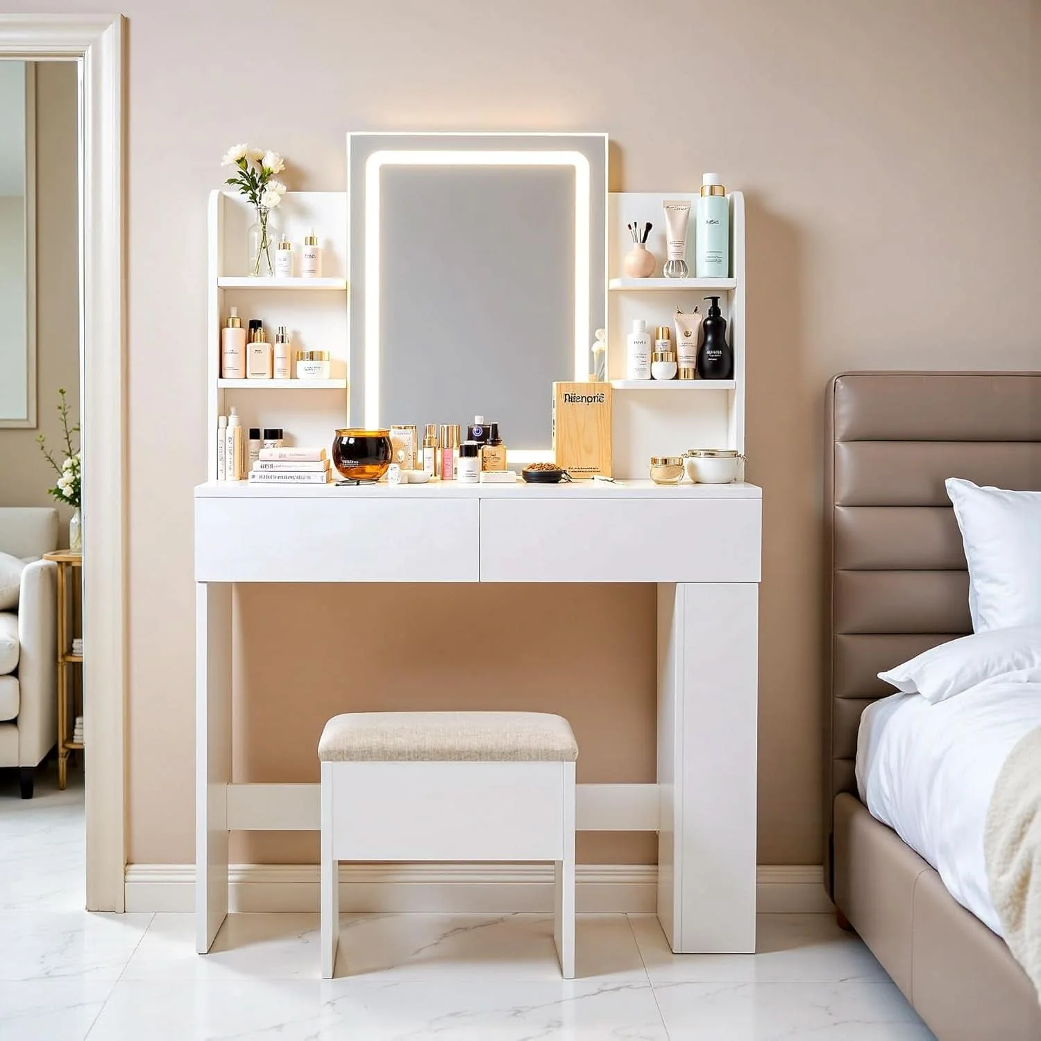 Certified Executive White Vanity Desk Multicolored LED Mirror Carefully Designed