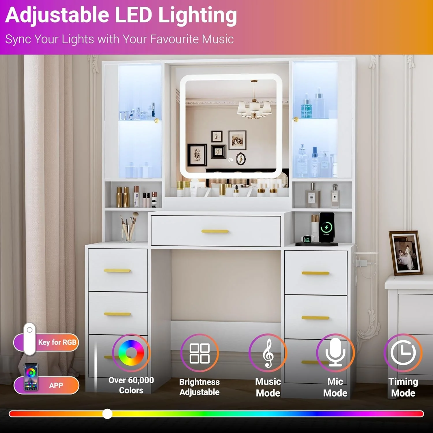Official Elegant Customizable Vanity Desk With RGB Lighting Optimized