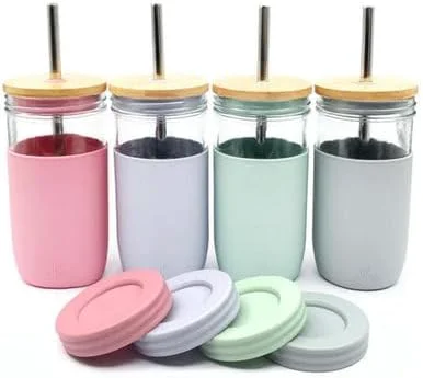Environmentally Friendly Elk and Friends 24oz Glass Mason Jar – Pack of 4 Bamboo Straw Lids Stainless Steel Straws Smoothie Iced Coffee Bubble Tea Cups Flexible