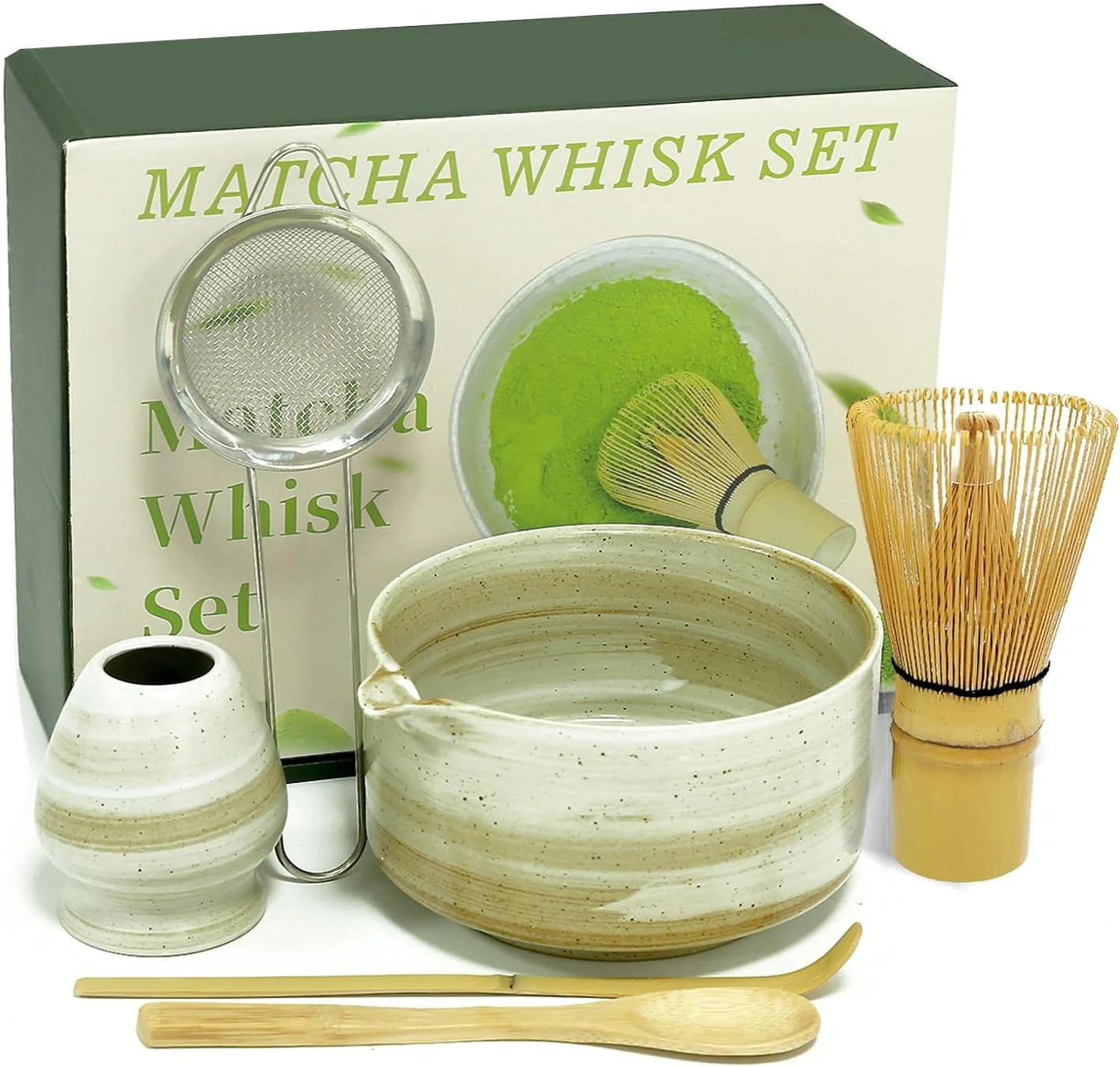 Quality Matcha Whisk Set Matcha Set 6 Pieces with Bamboo Whisk Ceramic Bowl Sifter Complete Matcha kit Tea Includes Scoop Spout Bowl High-Performance