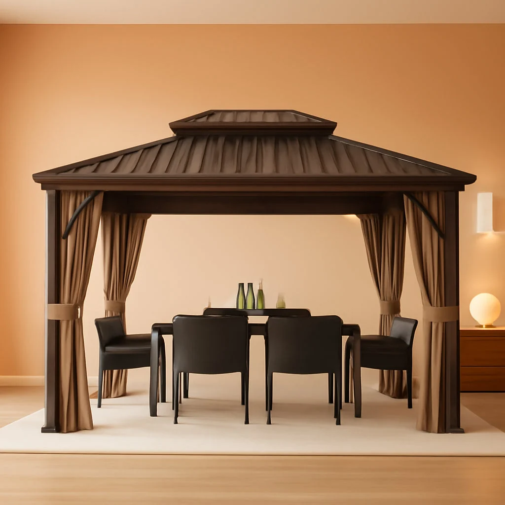 Relaxed 10x12Feet Brown Hardtop Gazebo With Curtain Netting Artisan