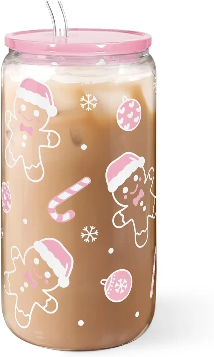 Original Design Christmas Gingerbread 16oz Can Glass Tumbler with Acrylic Lid Straw Iced Coffee Cup for Women Girls Aesthetic Cups Gifts for Xmas Proven