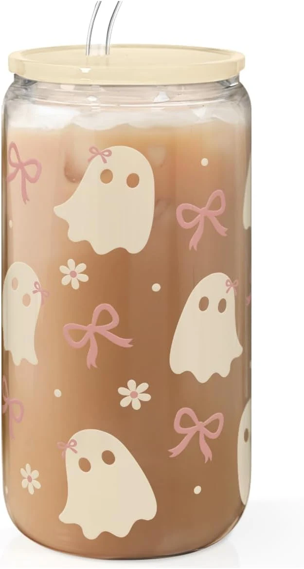 Reusable Halloween 16oz Can Glass Tumbler with Acrylic Lid Straw Iced Coffee Cup for Women Girls Aesthetic Cups Gifts for Party Sophisticated