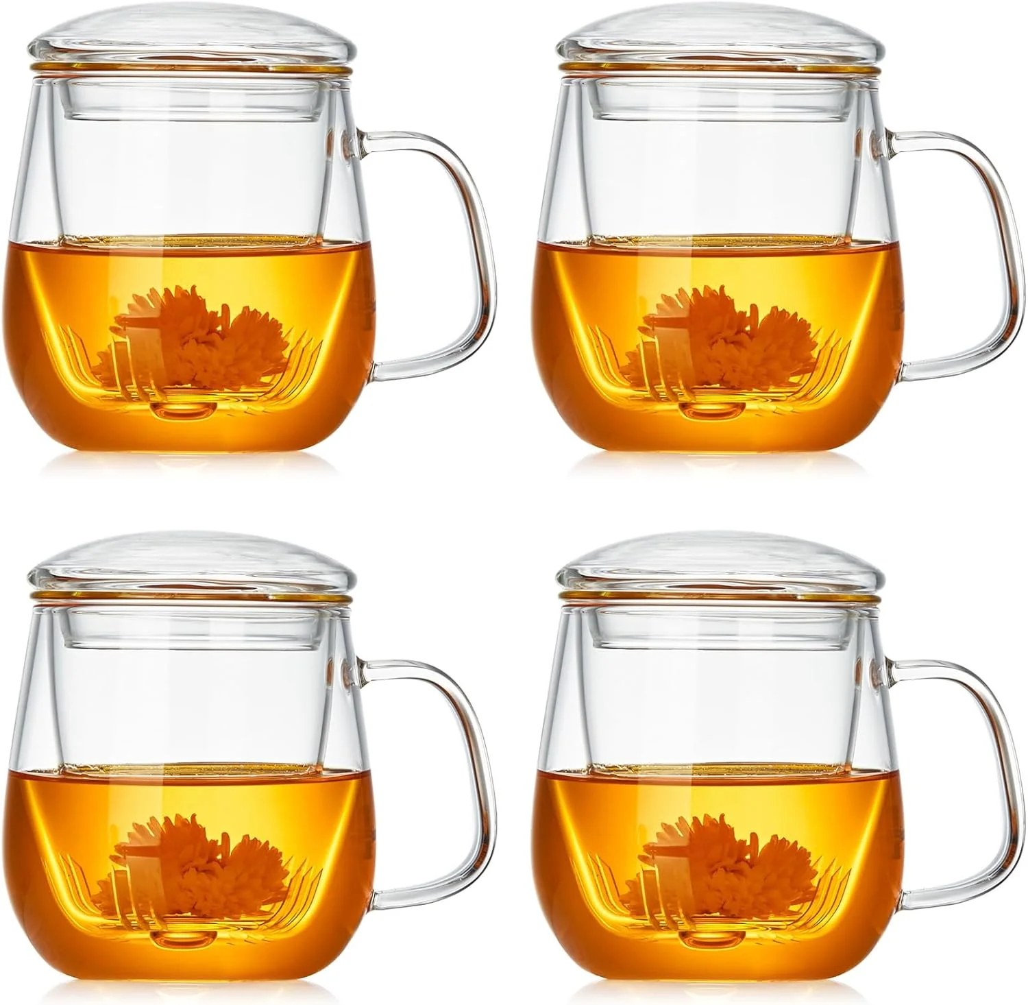 Classic Glass Teacups 4 Pack Glass Tea Cup with Infuser and Lid 17.6oz 520ml Large Borosilicate Teacup Tea Clear Mug Cup for Loose Leaf Blooming Tea Clean