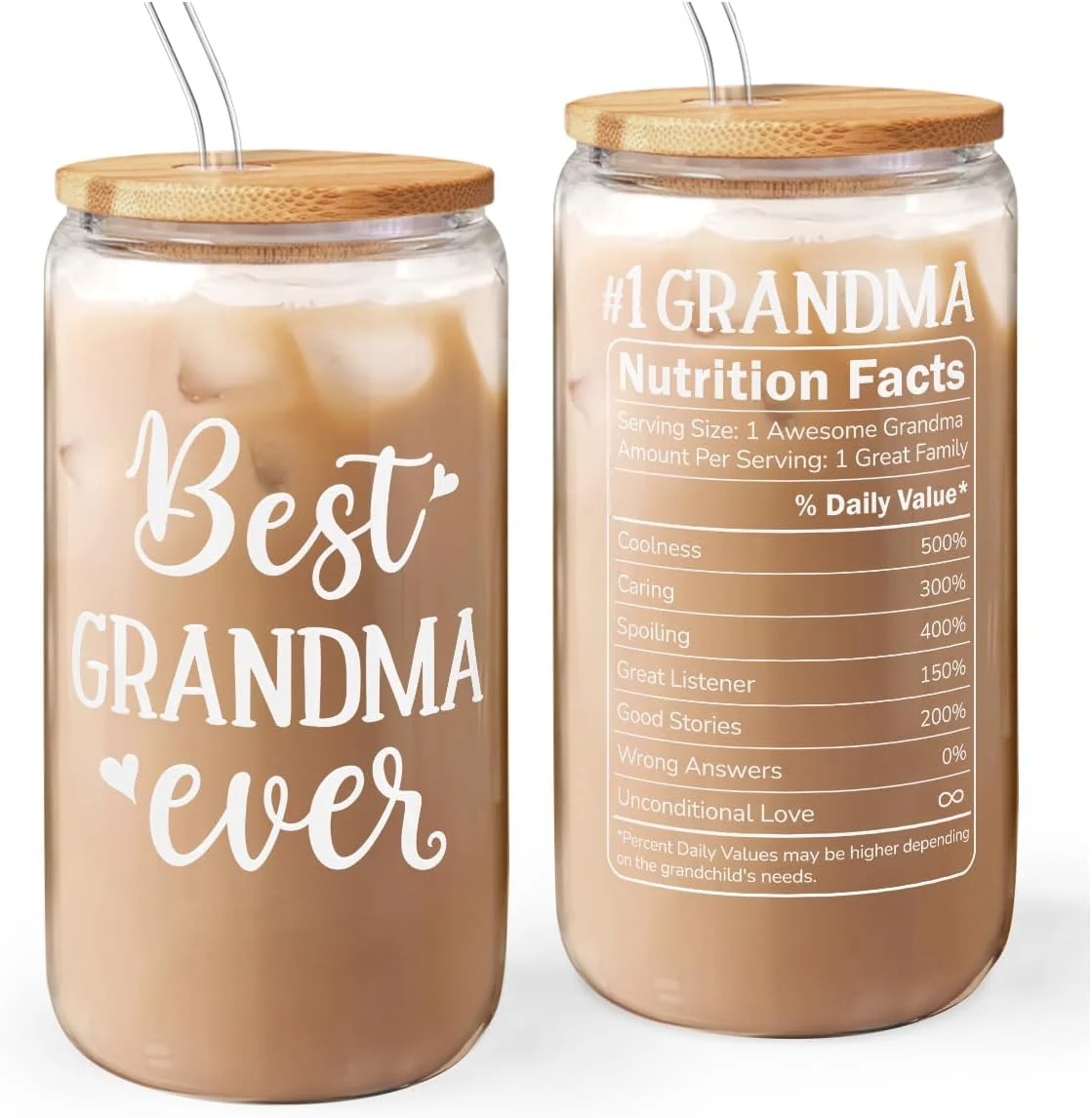 Original Grandma 16 Oz Can Glass Tumbler with Bamboo Lid and Straw – Iced Coffee Cups for Women Powerful