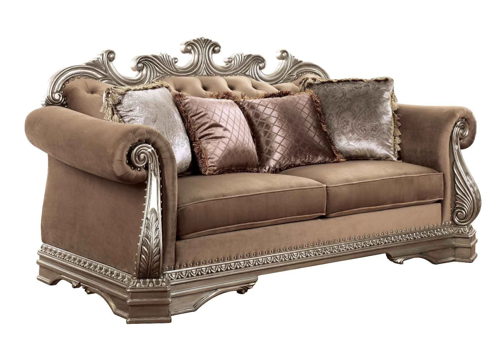 Refined Northville – Loveseat With 4 Pillows – Velvet Antique Silver Quality