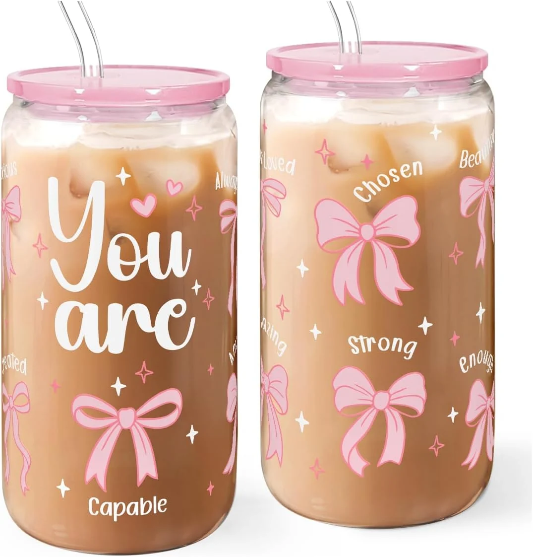 Fine Crafted Christian 16oz Can Glass Tumbler with Acrylic Lid Straw Iced Coffee Cup for Women Girls Aesthetic Cups Gifts for Birthday Christmas Recyclable