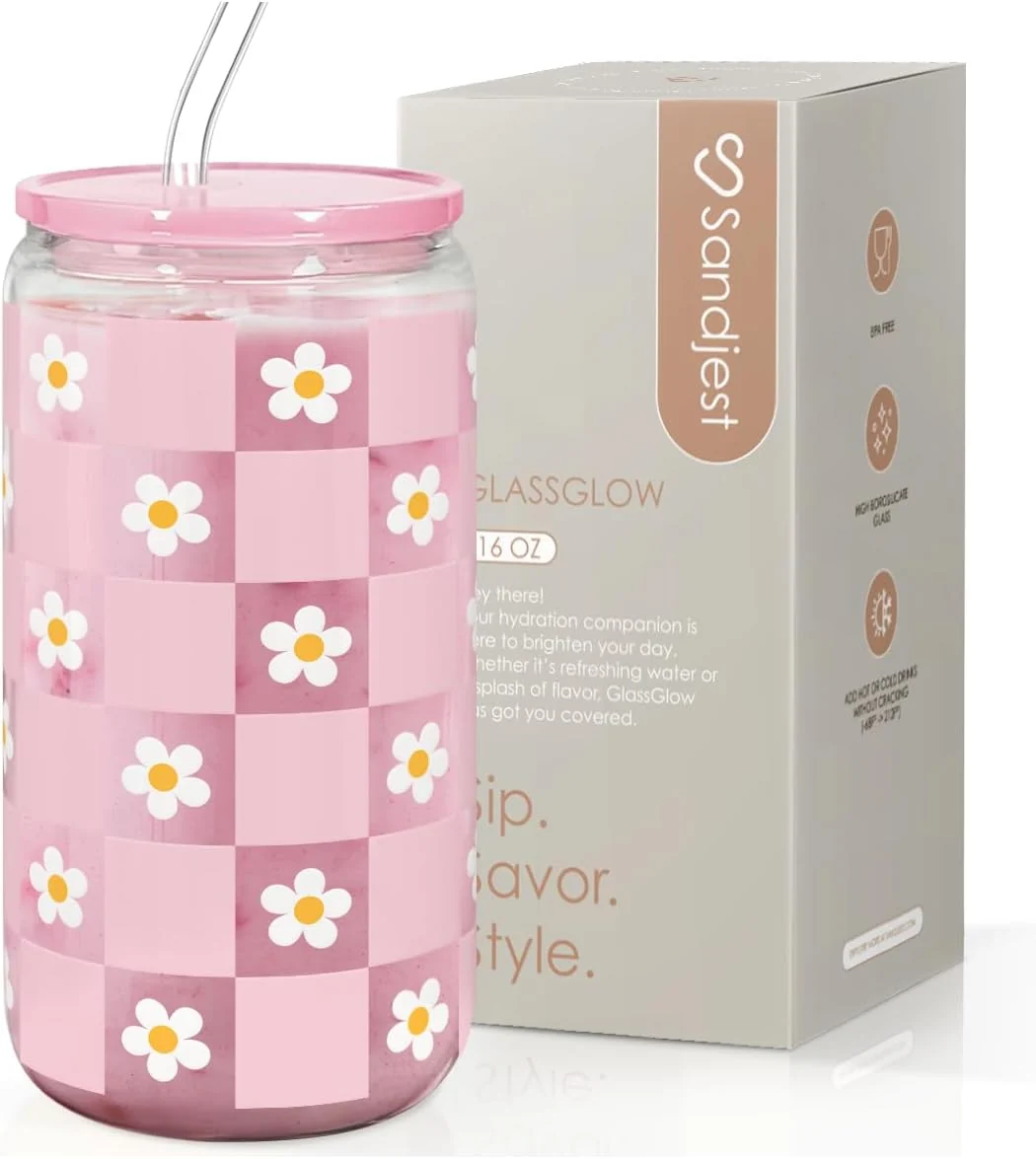 Refined SANDJEST Checkerboard Daisies Glass Can Floral Checker Cup with Lid amp Straw Iced Coffee Aesthetic Cups Gift for Christmas Birthday Mother Day Gifts for Women 16oz Practical
