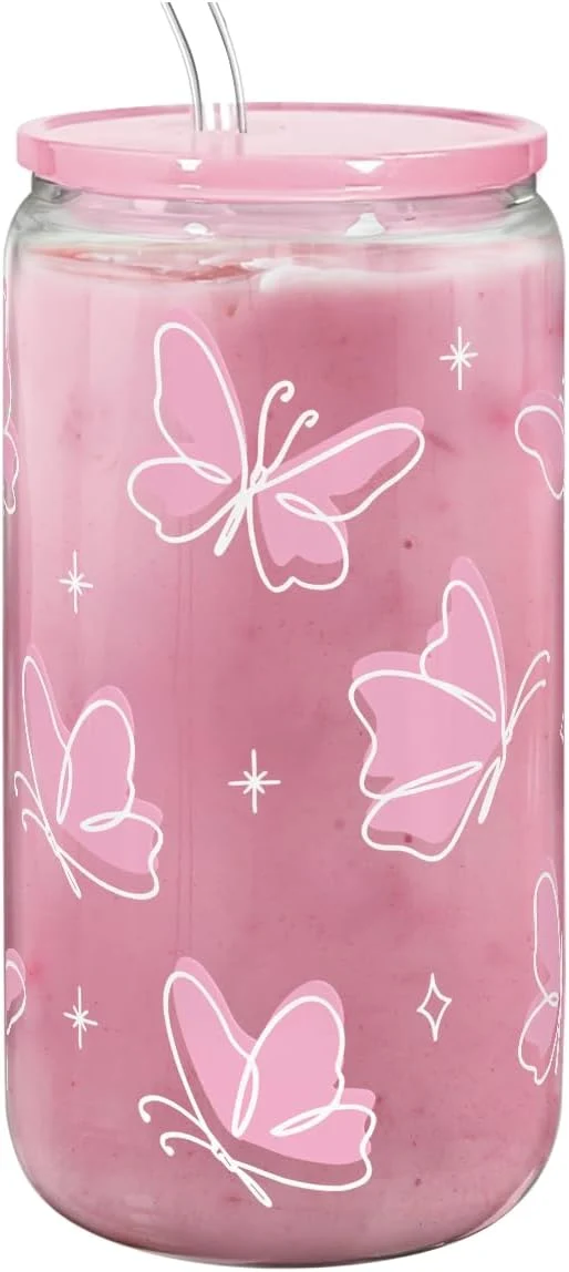 Reusable Butterfly 16 Oz Can Glass Tumbler with Acrylic Lid and Straw – Iced Coffee Cups for Women Aesthetic Glass Cup Gift for Birthday Christmas Convenient