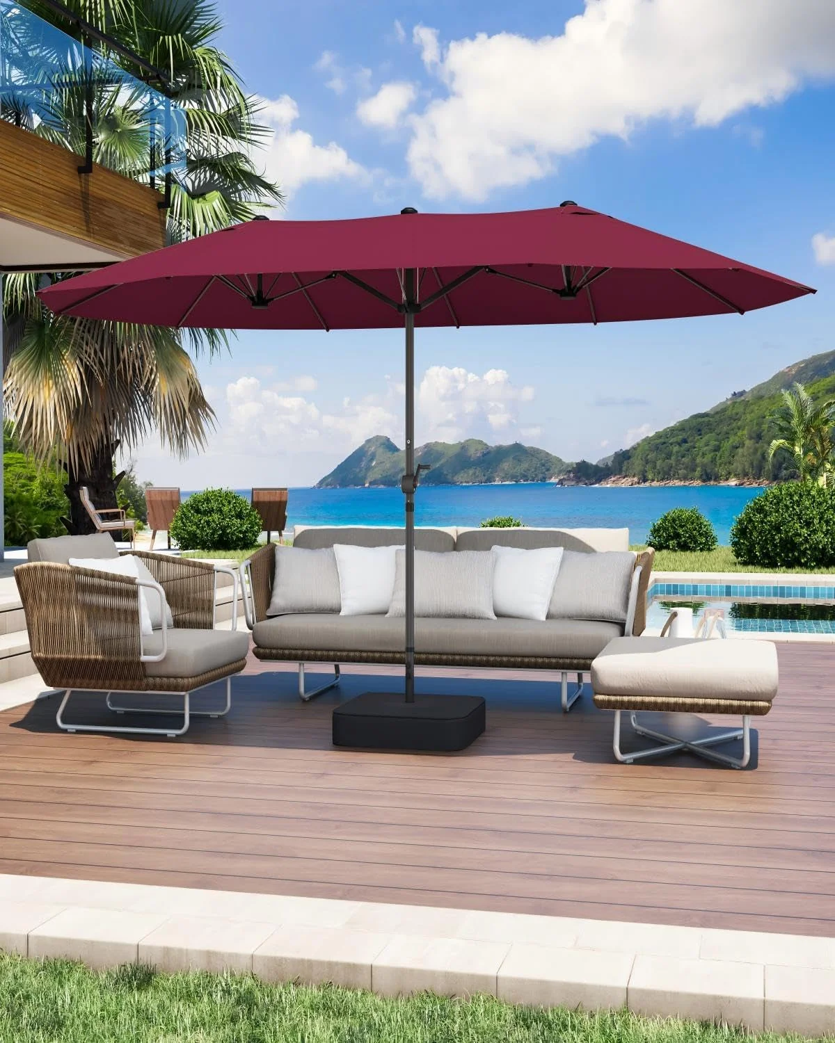 Detailed Fifteen Foot Burgundy Patio Umbrella With Base Included Solid
