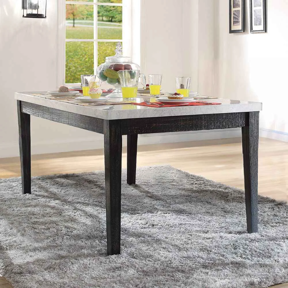 Traditional Nolan – Dining Table – White Natural Marble Top Salvage Dark Oak Elegant