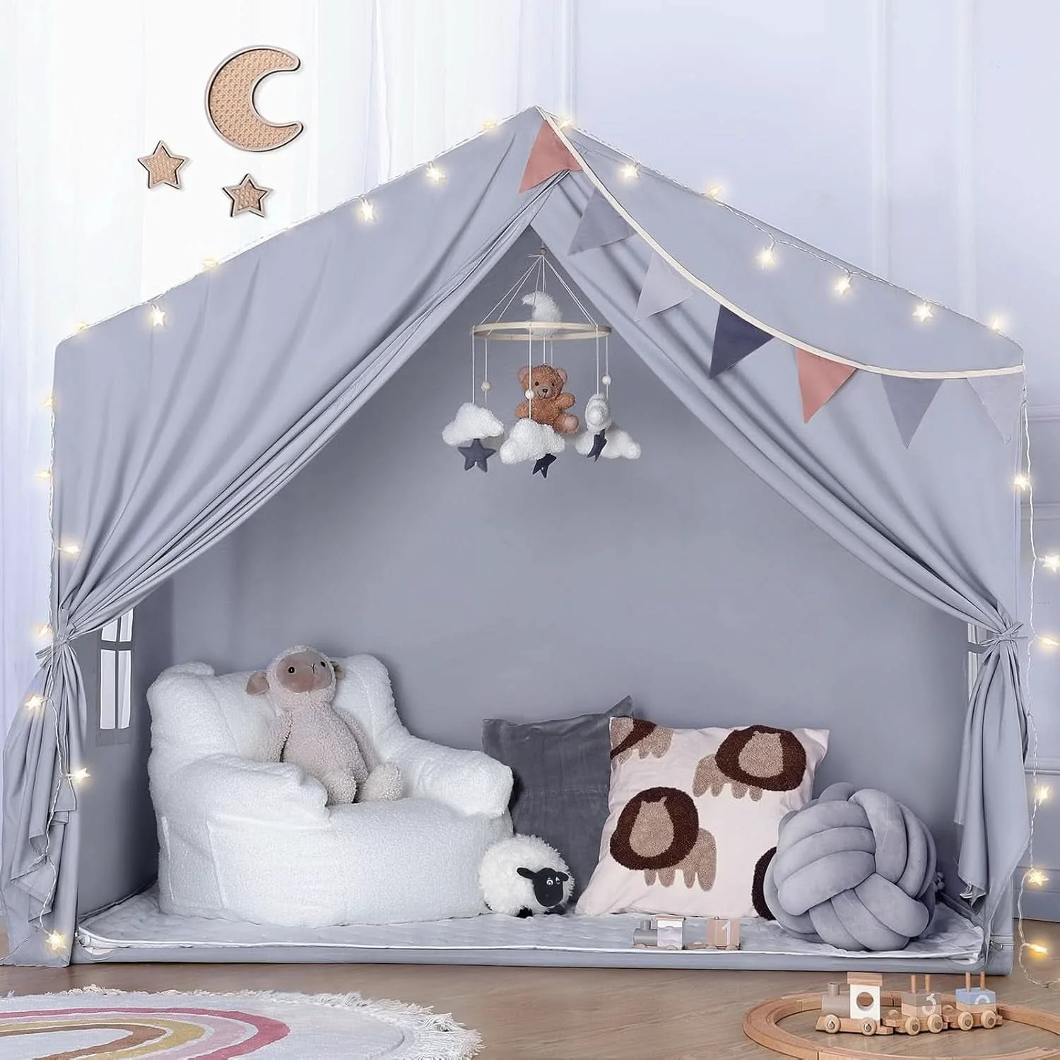 Organic Oversized Gray Indoor Playhouse Tent With Illumination Natural