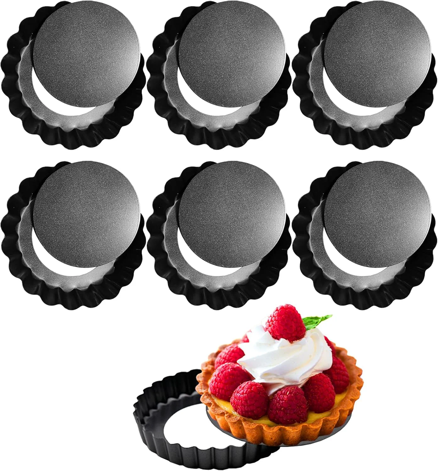 Elegant 6 Pack Mini Tart Pans 4 Inch with Removable Bottom Round Non-stick Deep Quiche Pan Heavy Duty Fluted Side for Pies Egg Tart Molds for Baking Fast