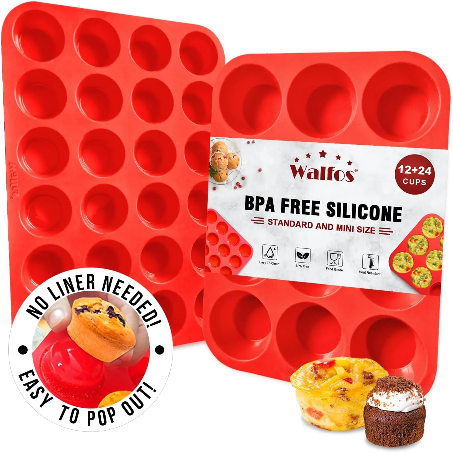 Traditional Walfos Silicone Muffin Pan Set – Regular 12 Cups Silicone Muffin Pan and Mini 24 Cups Cupcake Pan – BPA and Dishwasher Safe Casual