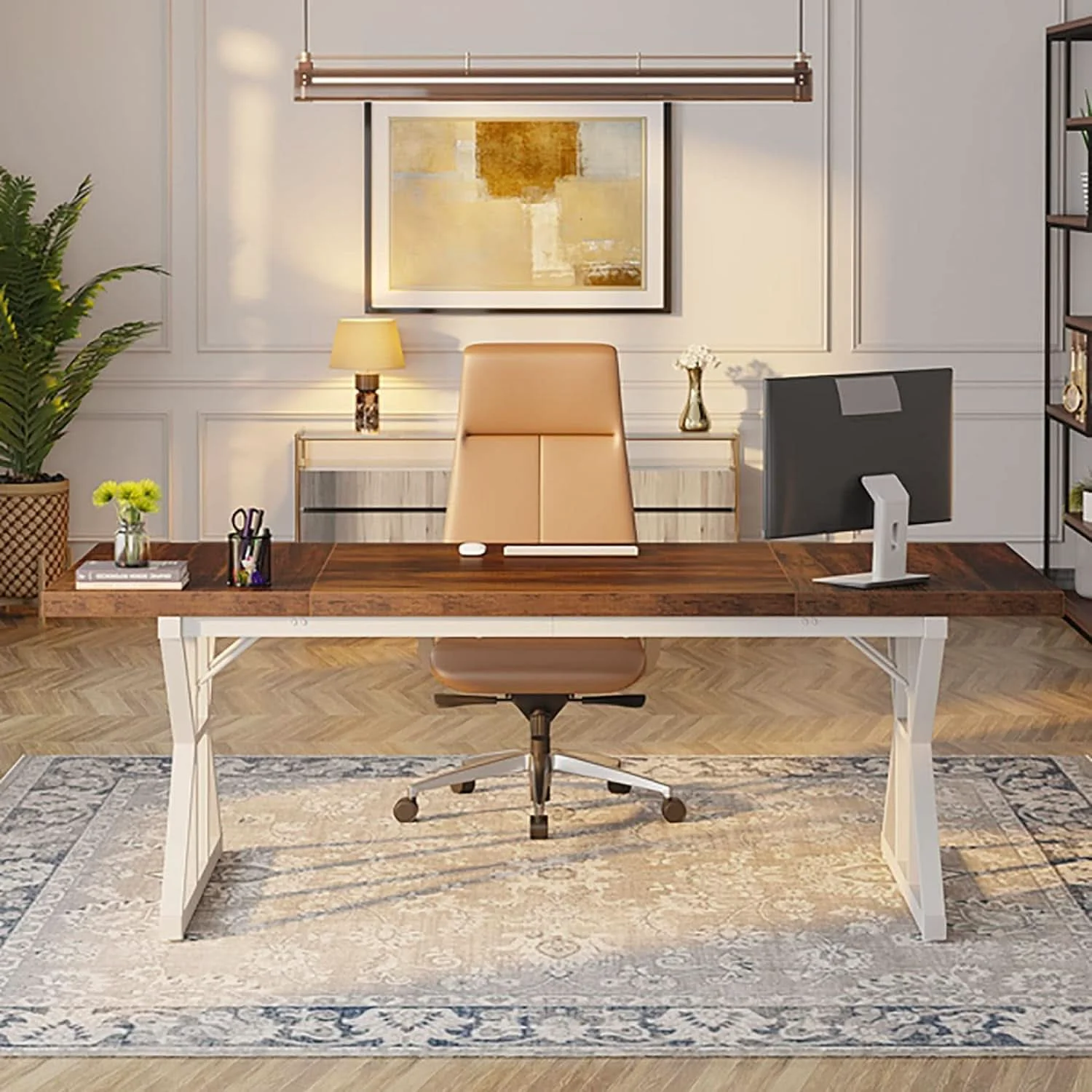 Modern 70.8 Inch Executive Desk Brown White Home Office Desk Selected