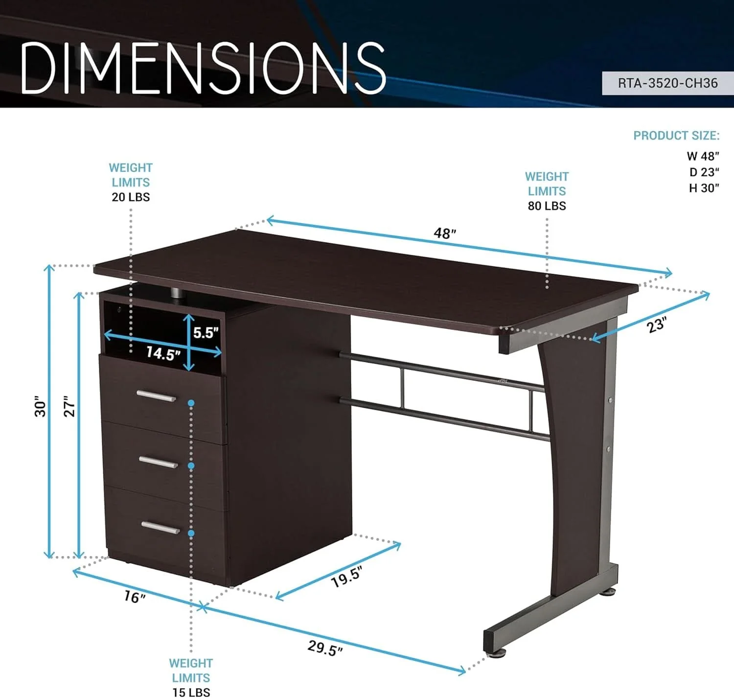 Original 48 Inch Computer Desk with Drawers for Home Office Casual