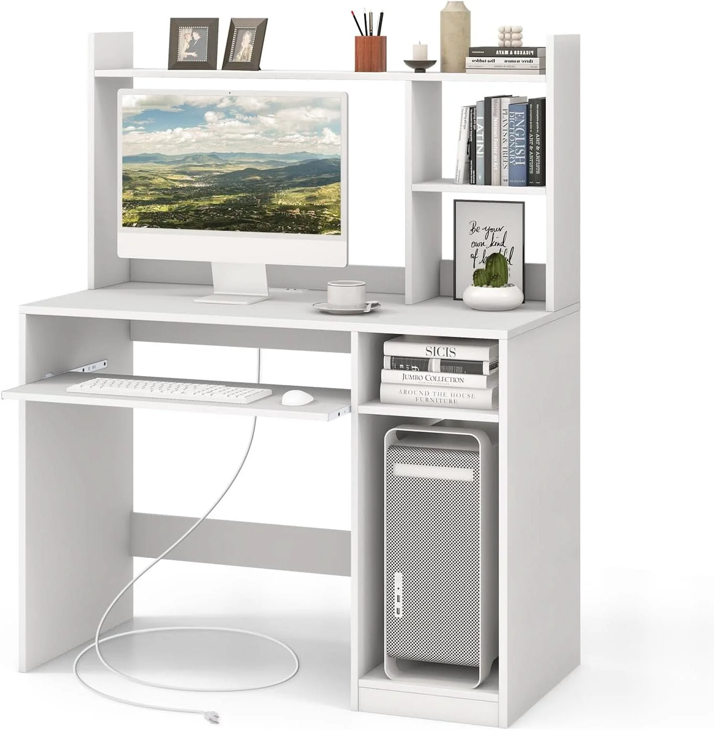 Contemporary White Desk With Hutch And Charging Station For Home Office Solid
