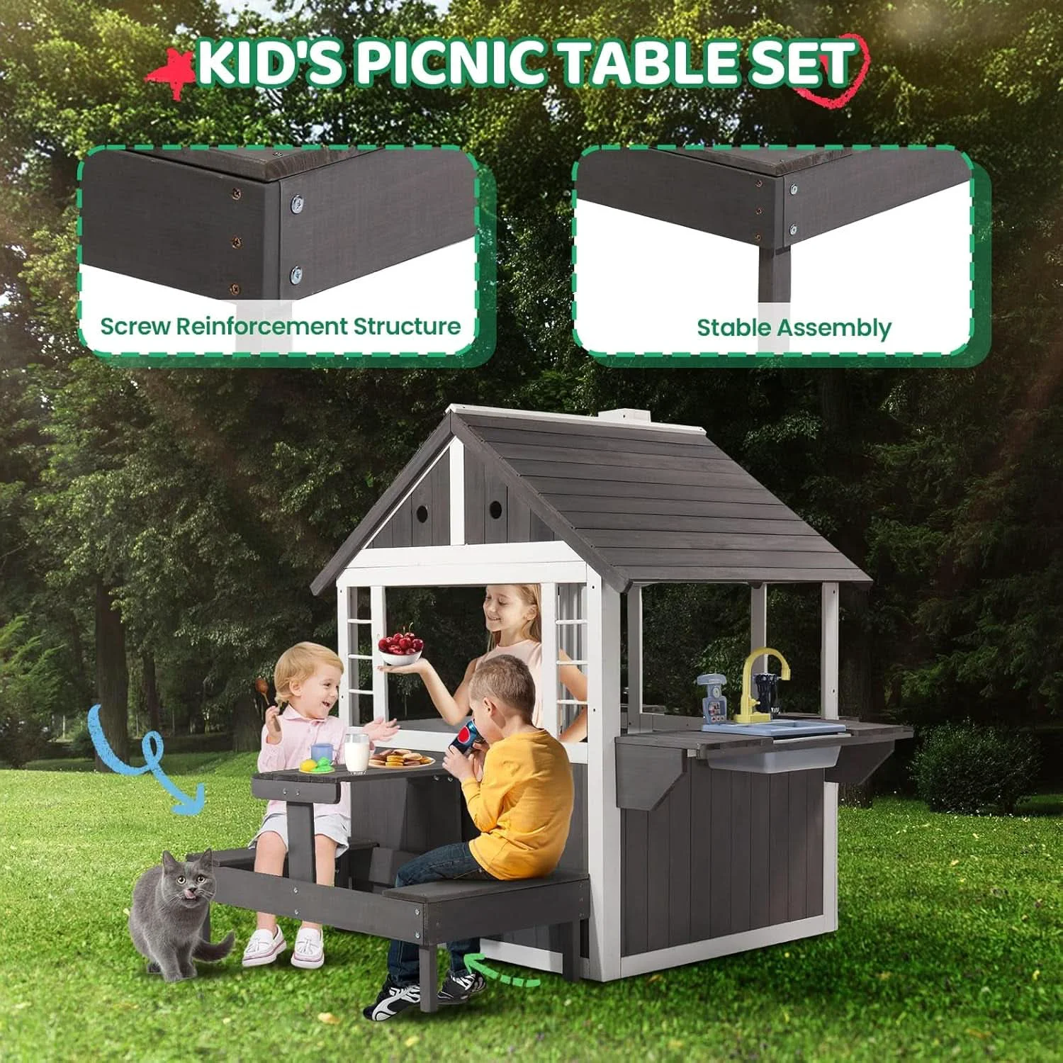 Refined Wooden Outdoor Playhouse Gray White Integrated Sink Fine Crafted