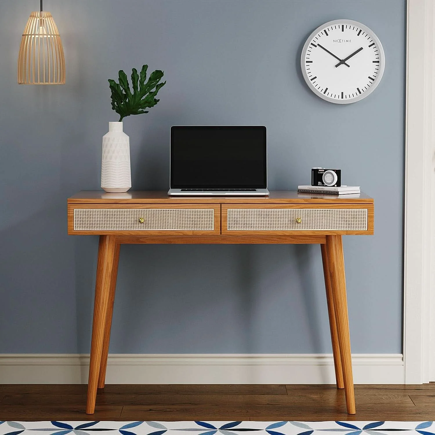 Exceptional Mid Century Modern Solid Wood Desk With Drawers 45 Inch Rattan Writing Versatile