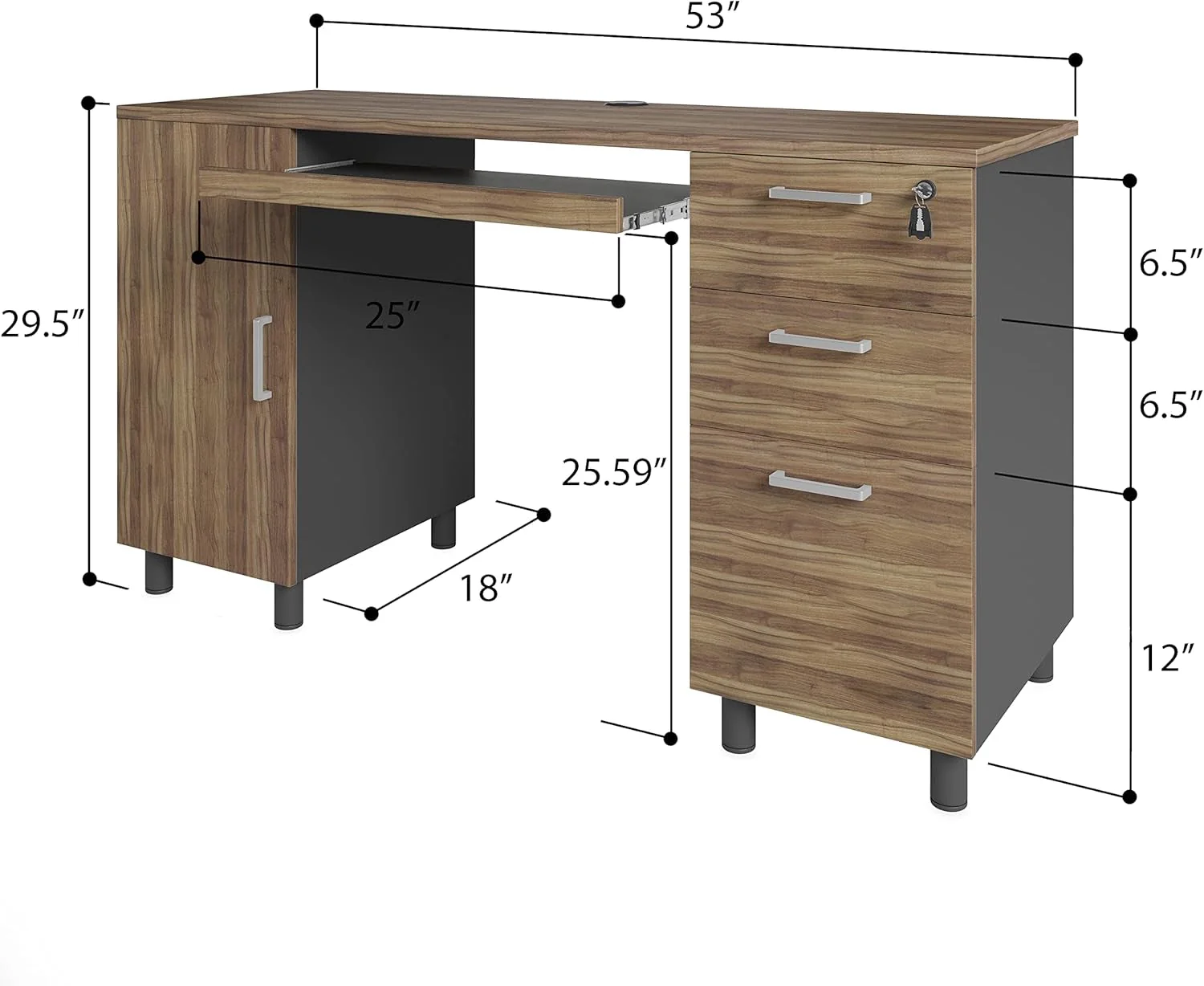 High-Quality Walnut 53 Inches Workstation Desk Lockable Drawers Clean