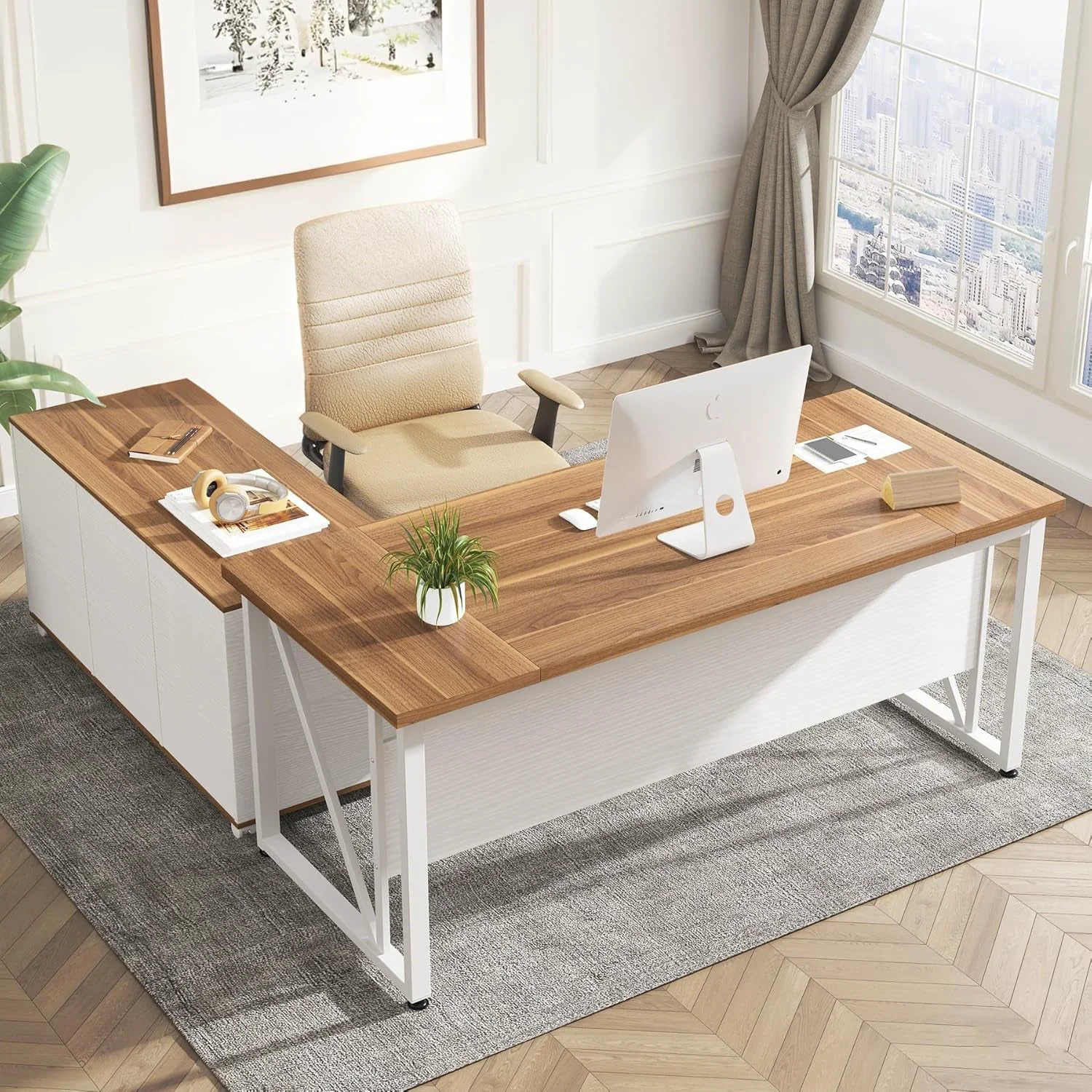 Healthy 63Inch Walnut Executive Computer Desk With Cabinet Powerful
