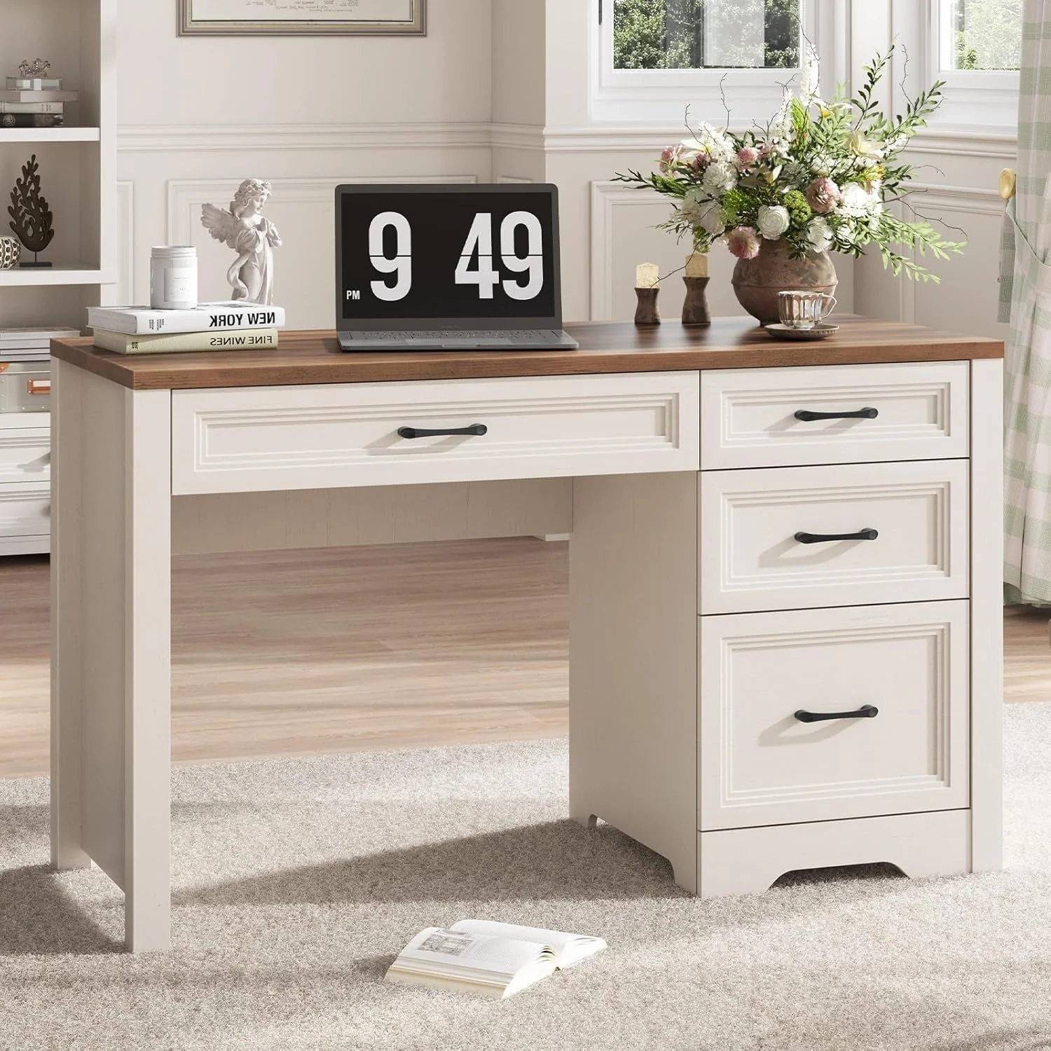 Sustainable Farmhouse Executive Desk With Generous Drawers White Solid