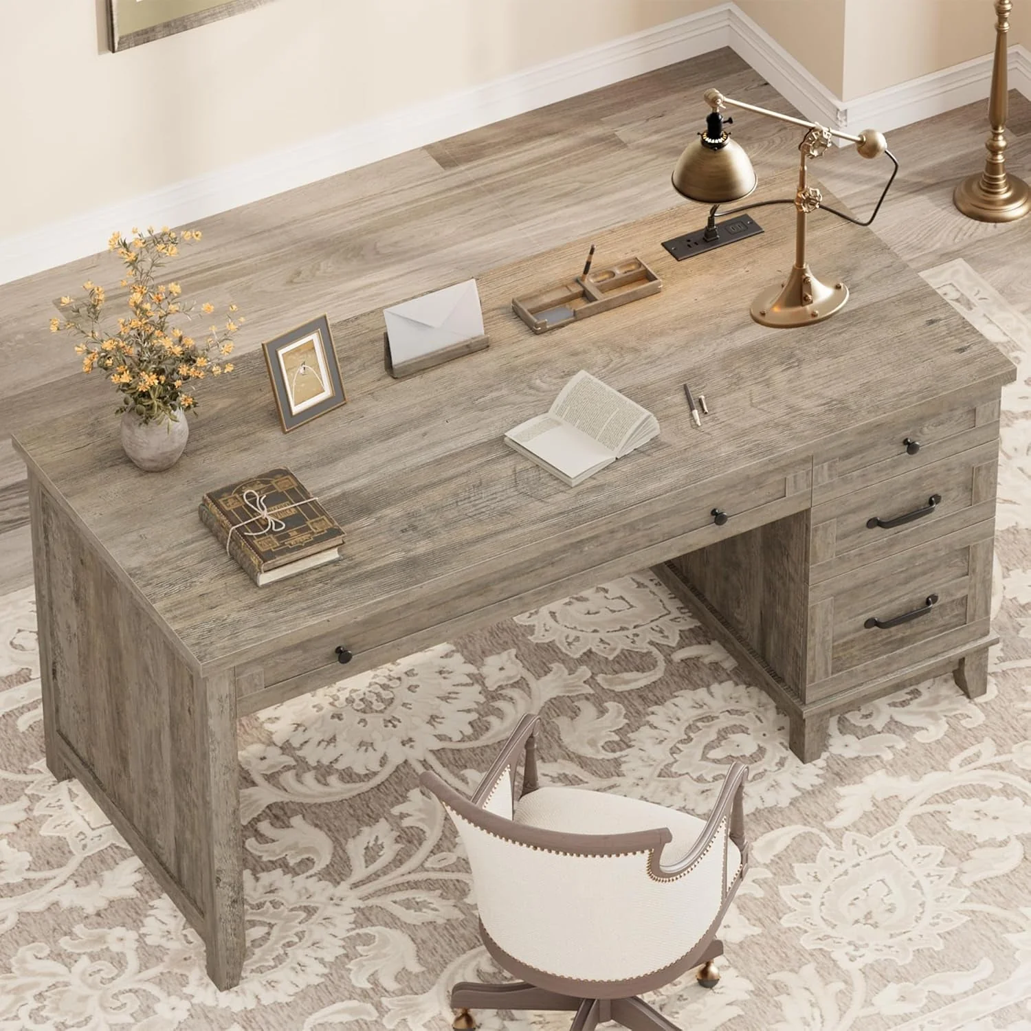Prestigious 53Inch Rustic Farmhouse Desk With Charging Station Reusable