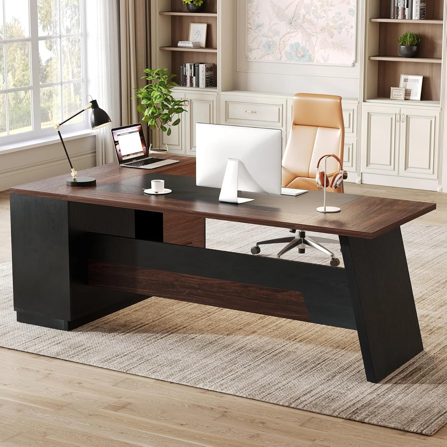Long-Lasting Brown 78Inch Executive Desk Featuring File Cabinet Durable