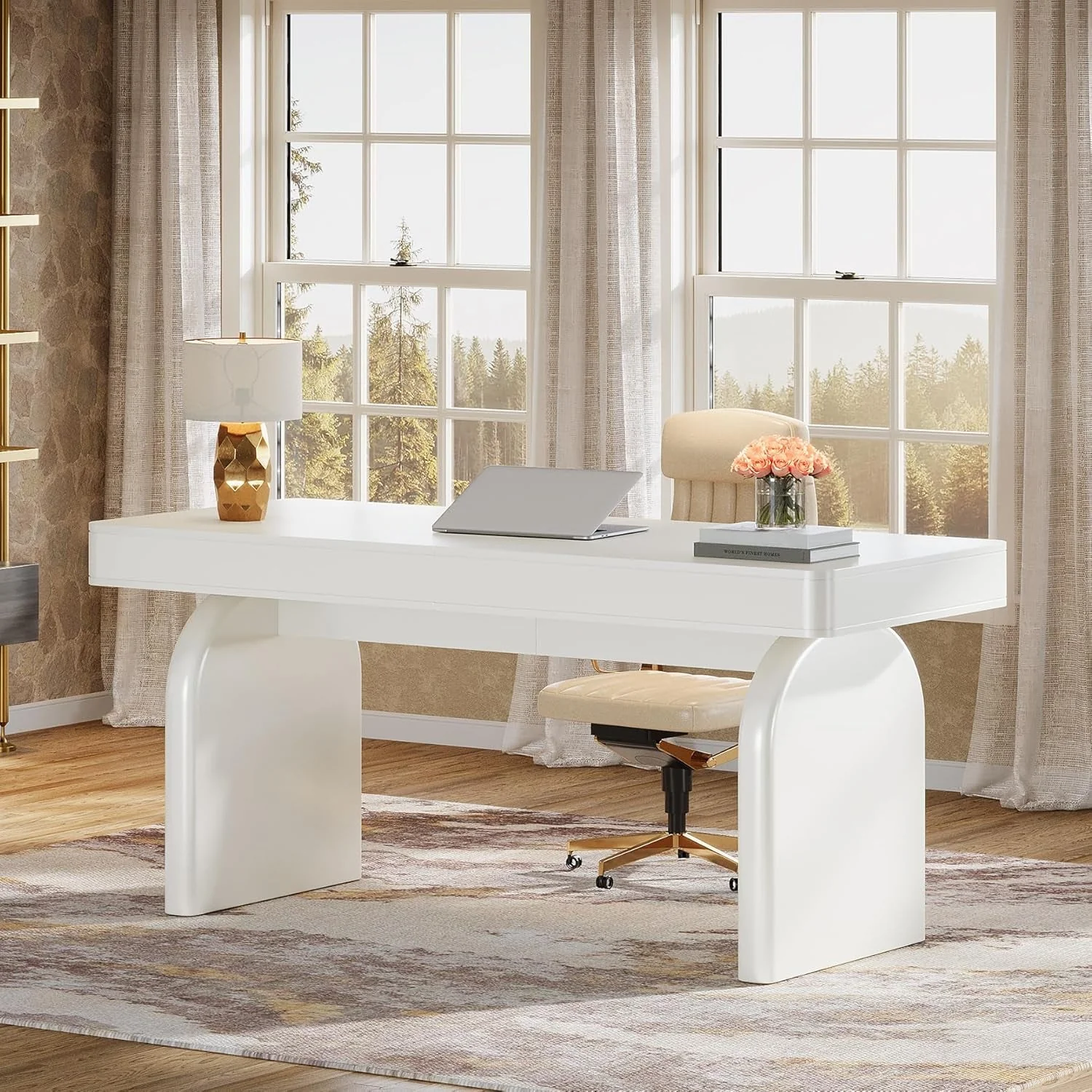 Smooth 63 Inch White Desk With Drawers Modern Office Desk First-Class